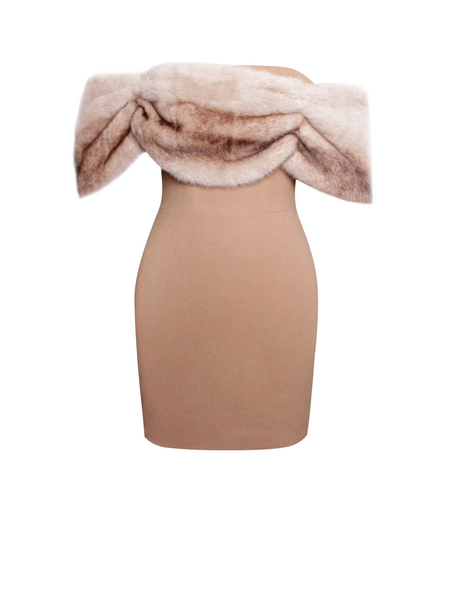 Nadira Off Shoulder Fur Trim Mini Dress | Beige