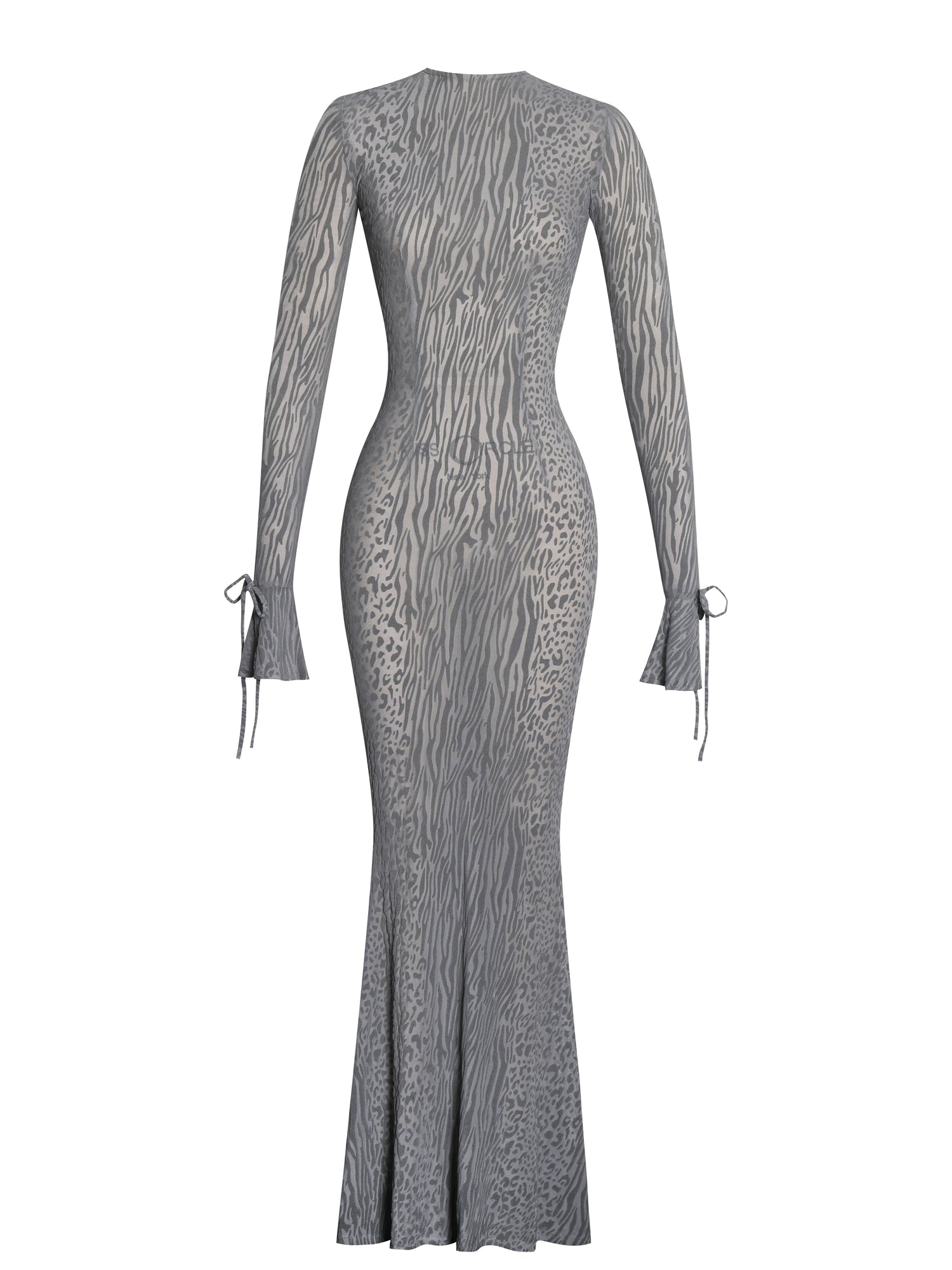Waylynn Animal Print Burnout Velvet Detail Mesh Backless Maxi Dress | Gray