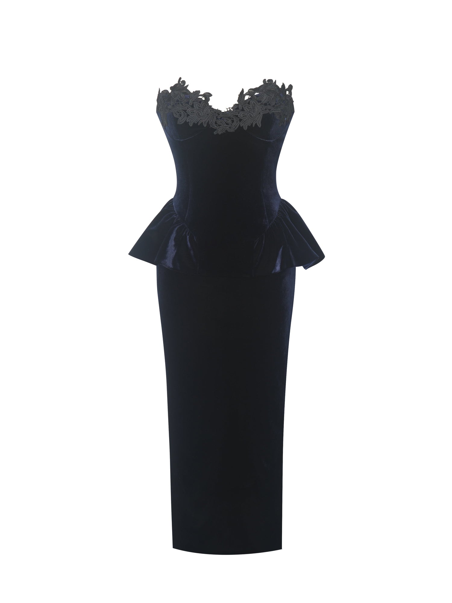 Pascha Lace Applique Strapless Peplum Midi Dress | Black