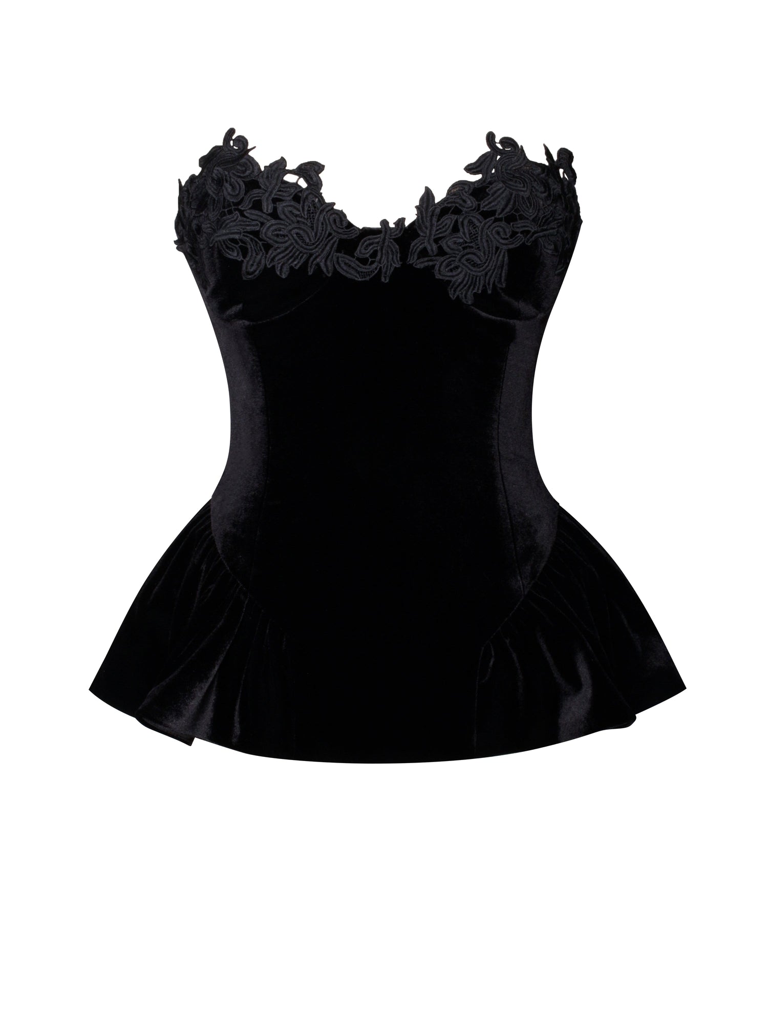 Qiara Velvet Peplum Top with Lace Trim | Black