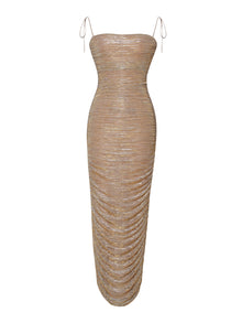 The Glint Gold Ruched Chiffon Long Maxi Dress - Miss Circle