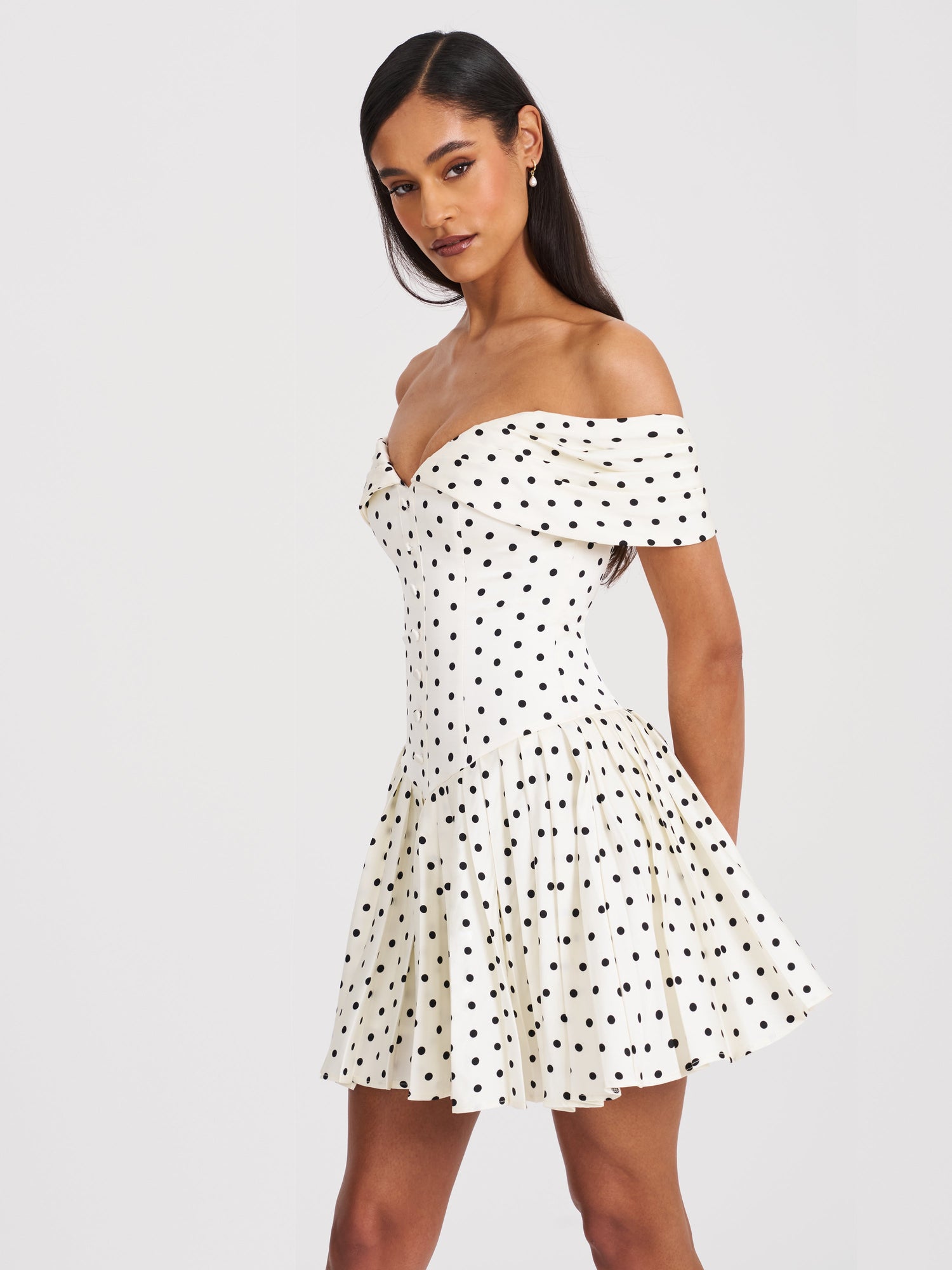Edeline Polka Dot Off-shoulder Pleated Mini Dress | Black and White Polka Dot