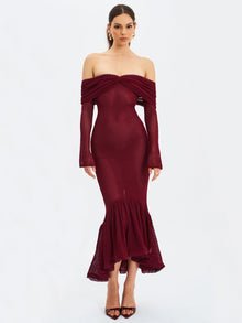 Kaedyn Off Shoulder Long Sleeve Crochet Mermaid Maxi Dress | Burgundy