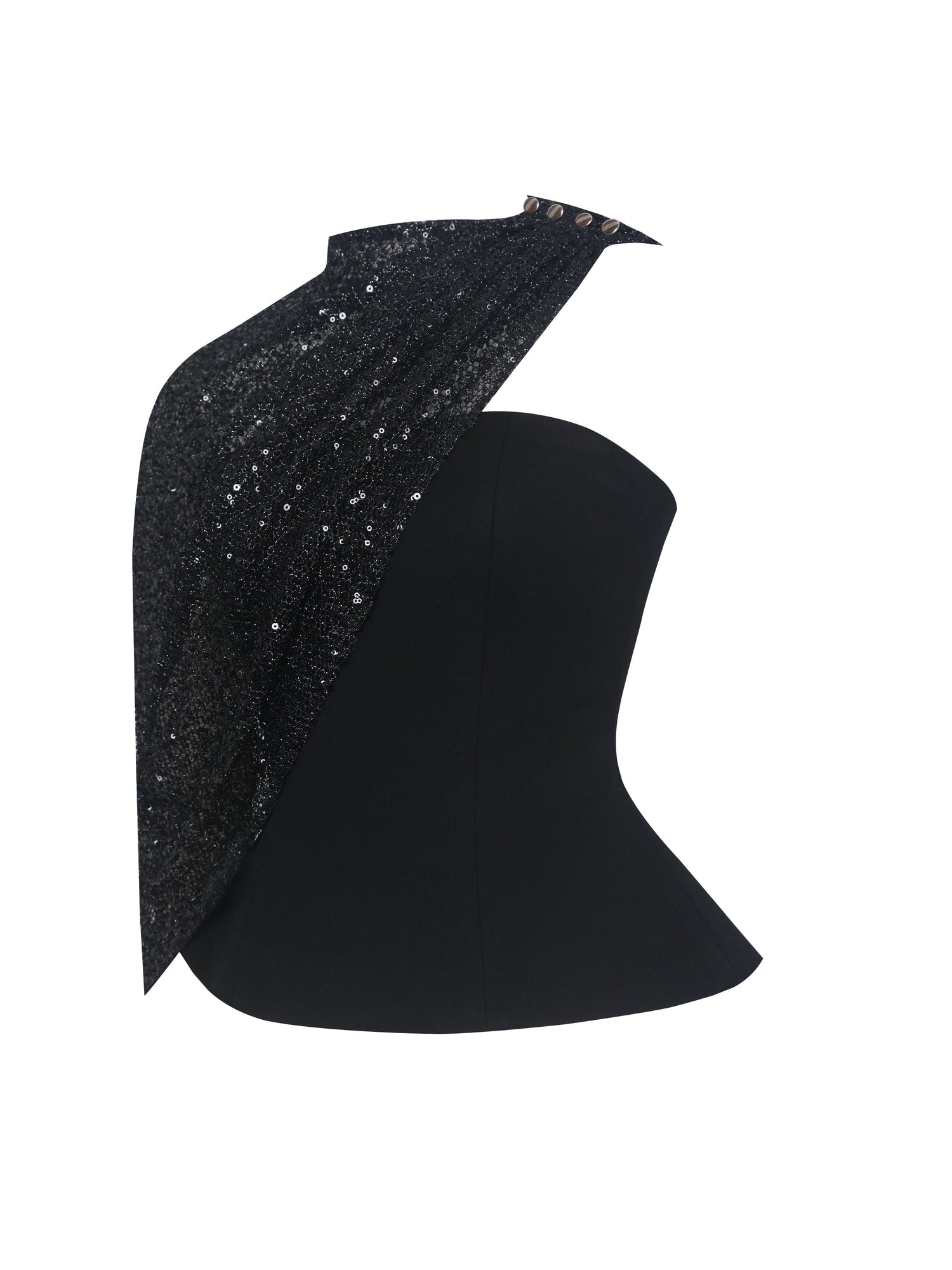 Quinette Peplum Top with Beaded Asymmetrical Cape | Black