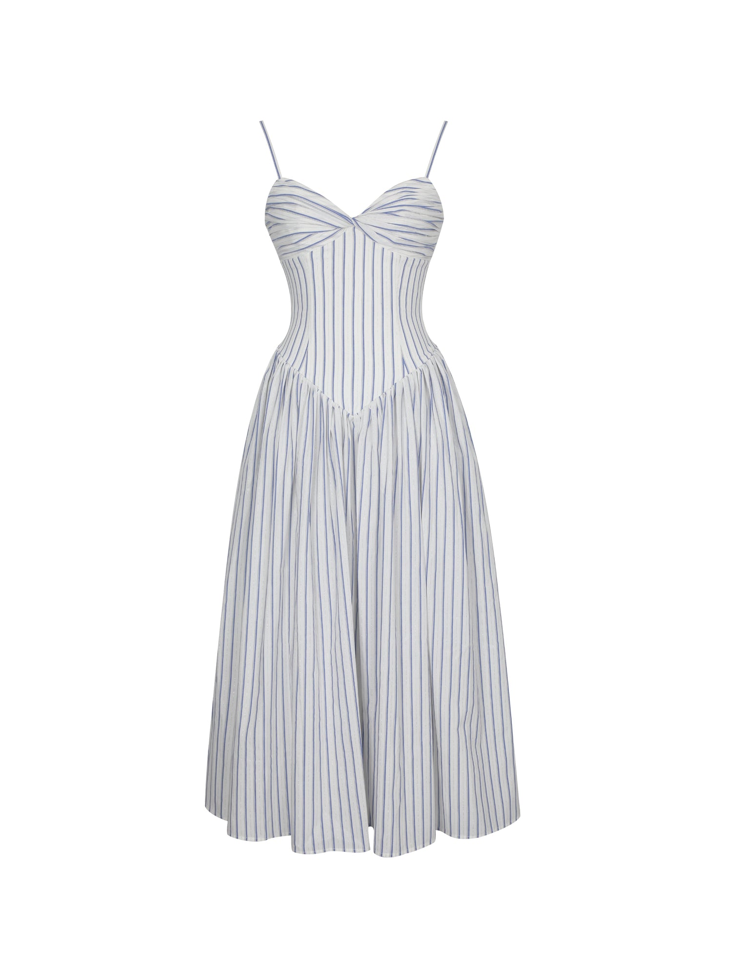 Olea Striped Cotton Poplin Ruched Midi Dress | Sky Blue