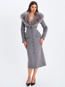 Faye Wool Blend Single-Breasted Coat with Removable Faux Fur Collar | Grey