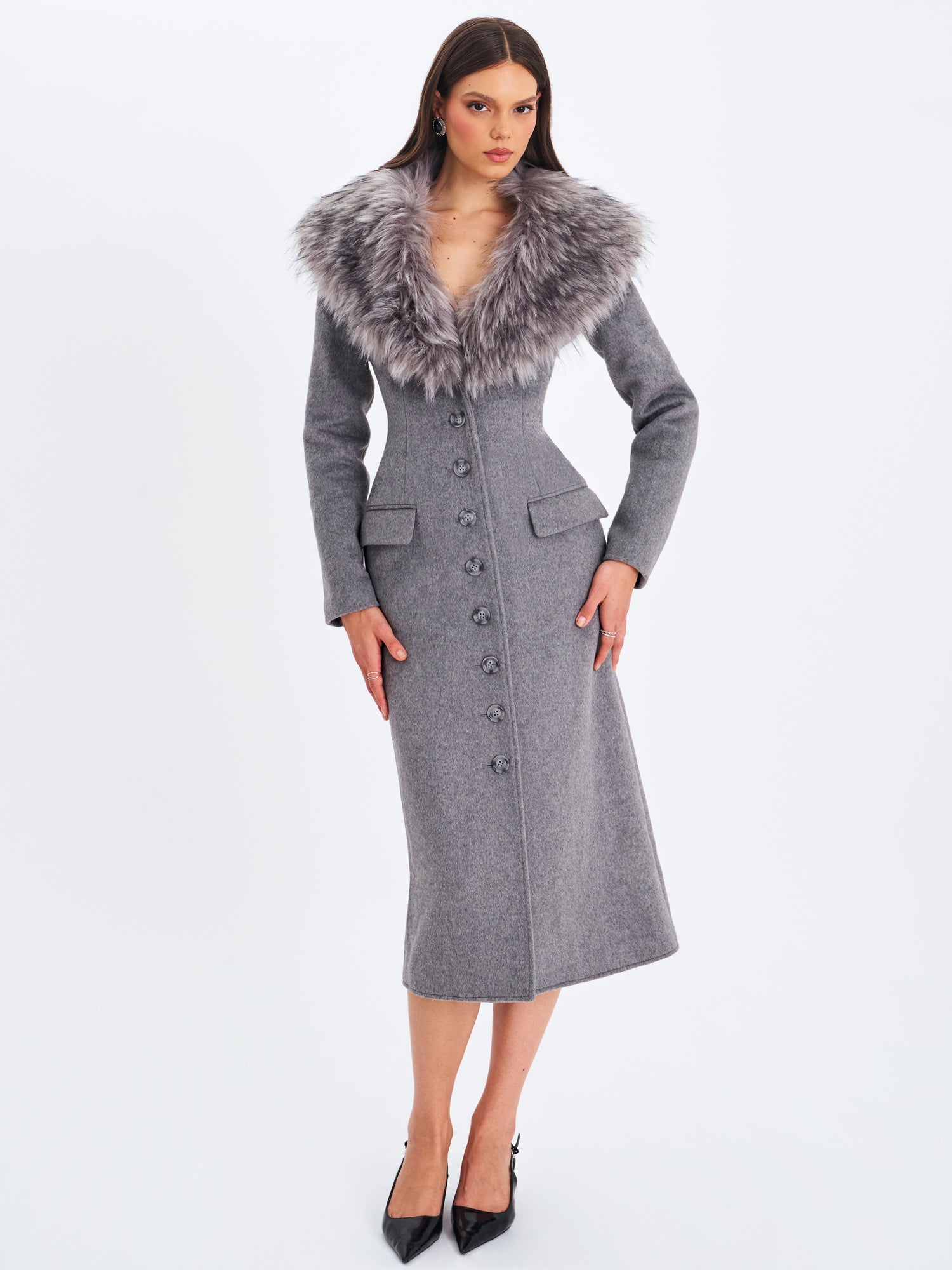 Faye Wool Blend Single-Breasted Coat with Removable Faux Fur Collar | Grey