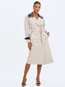Umber Double-Breasted Faux Leather Lapel Trench Coat | Oyster