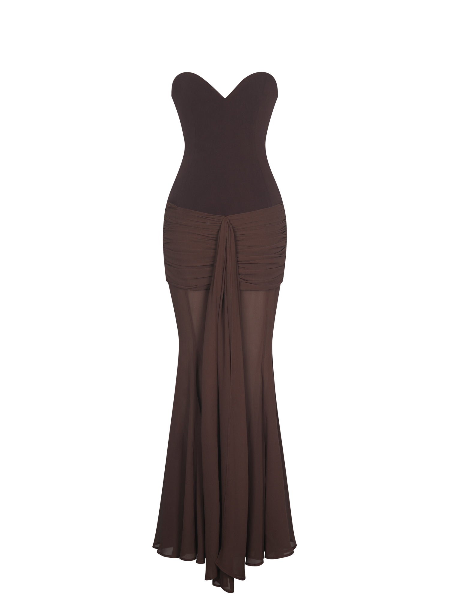 Giovana Sweetheart Draped Mesh Mermaid Maxi Dress | Espresso