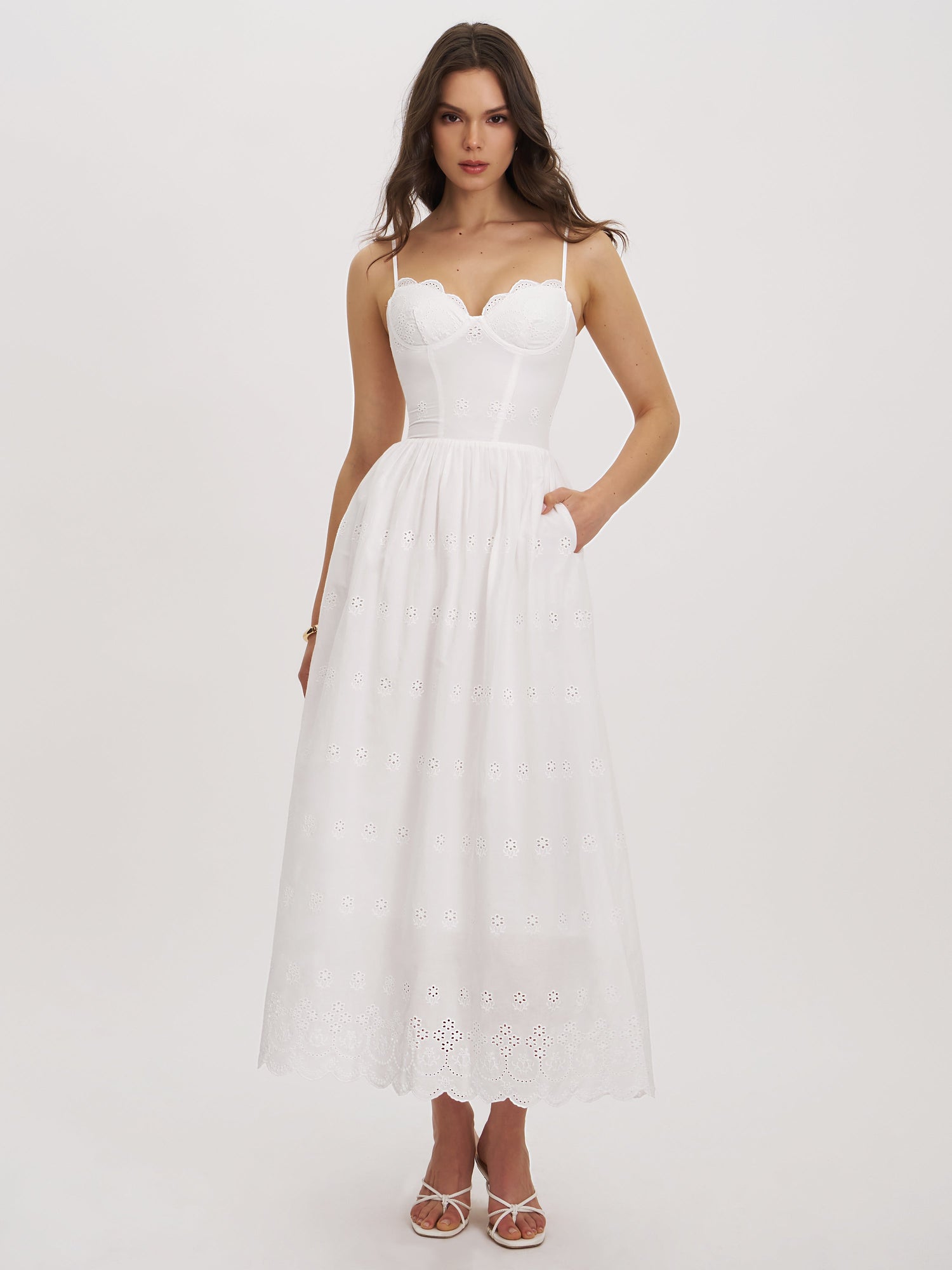 Oberon Cotton Eyelet Lace-Up Back Maxi Dress | White