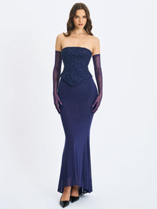 Orabelle Beaded Peplum Mermaid Maxi Gown with Lace-up Back | Navy