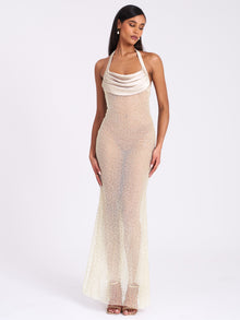 Zahya Halter Backless Beaded Mesh Gown | Lime