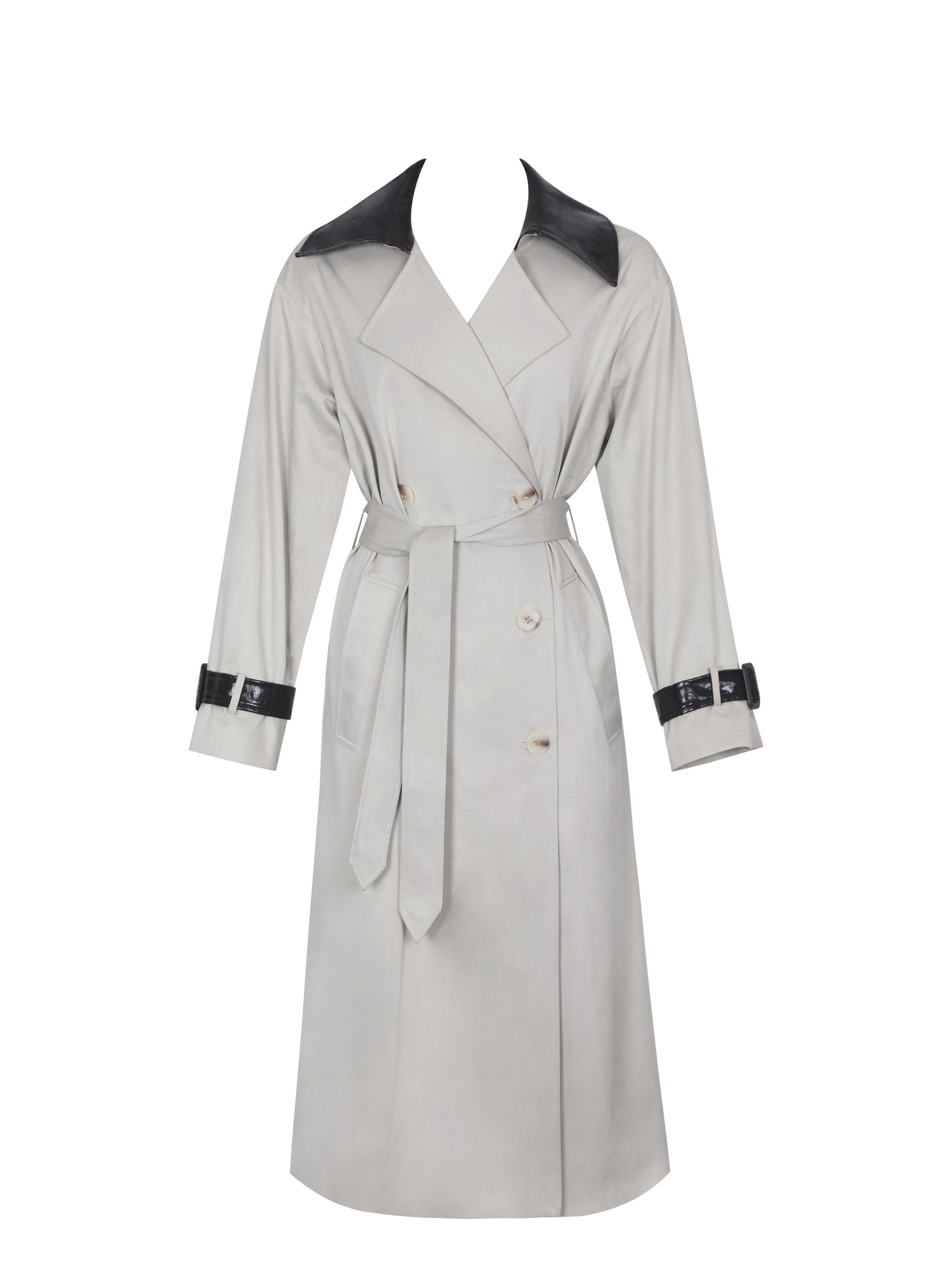 Umber Double-Breasted Faux Leather Lapel Trench Coat | Oyster