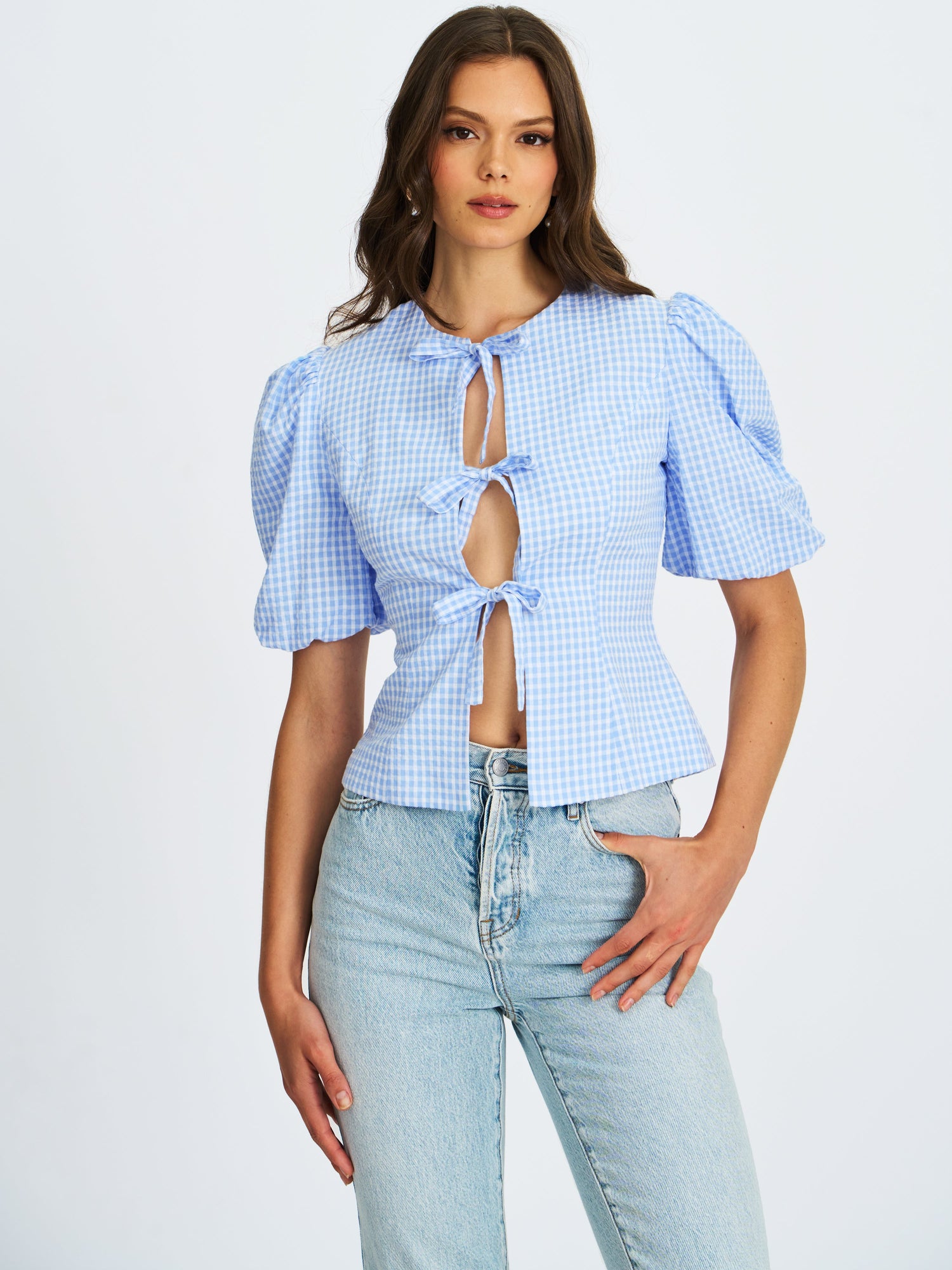 Qusayla Cotton Bubble Sleeve Bowtie Top | Baby Blue Gingham