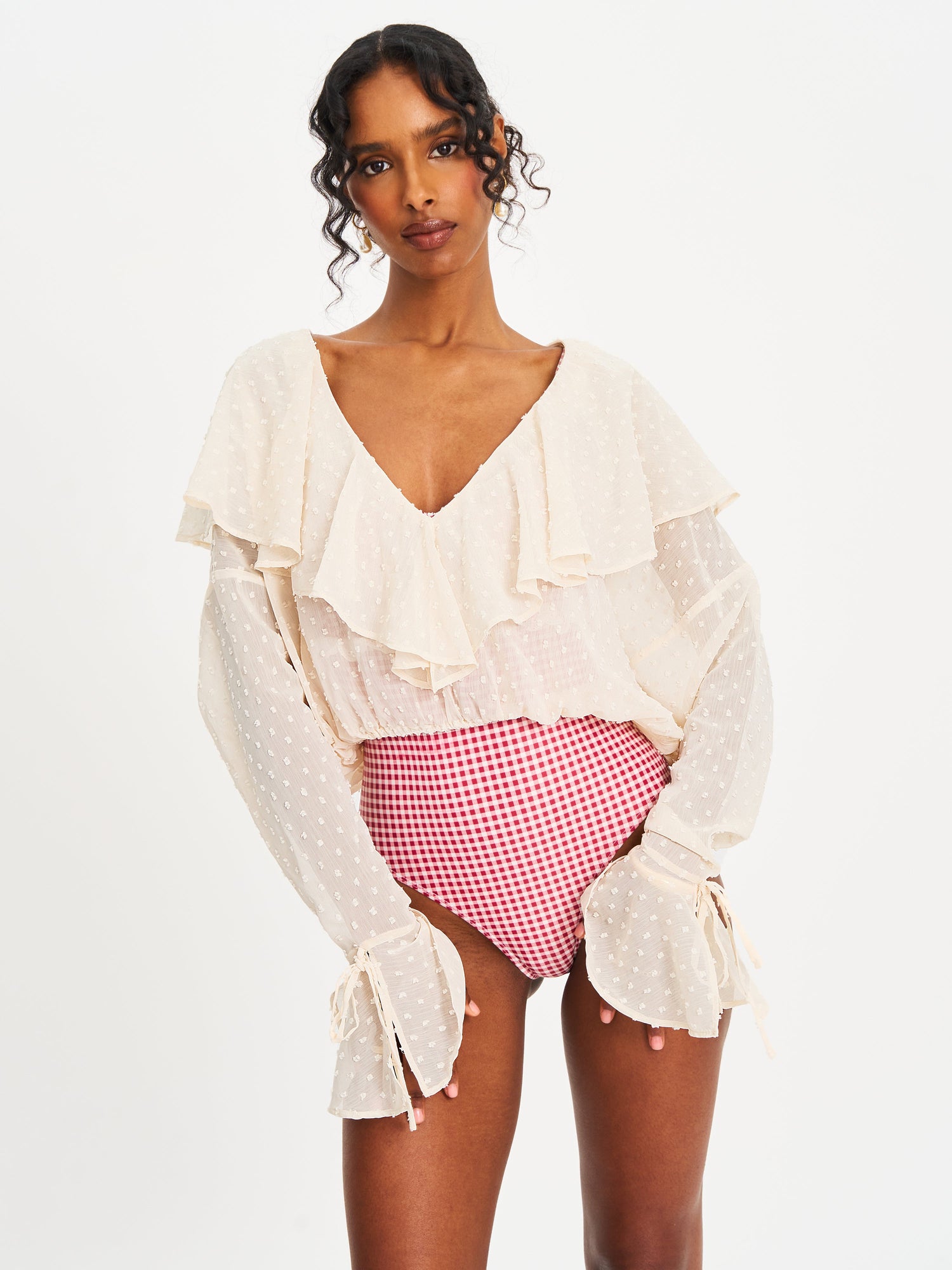 Magali Dotted Mesh Ruffle V Collar Top | Beige