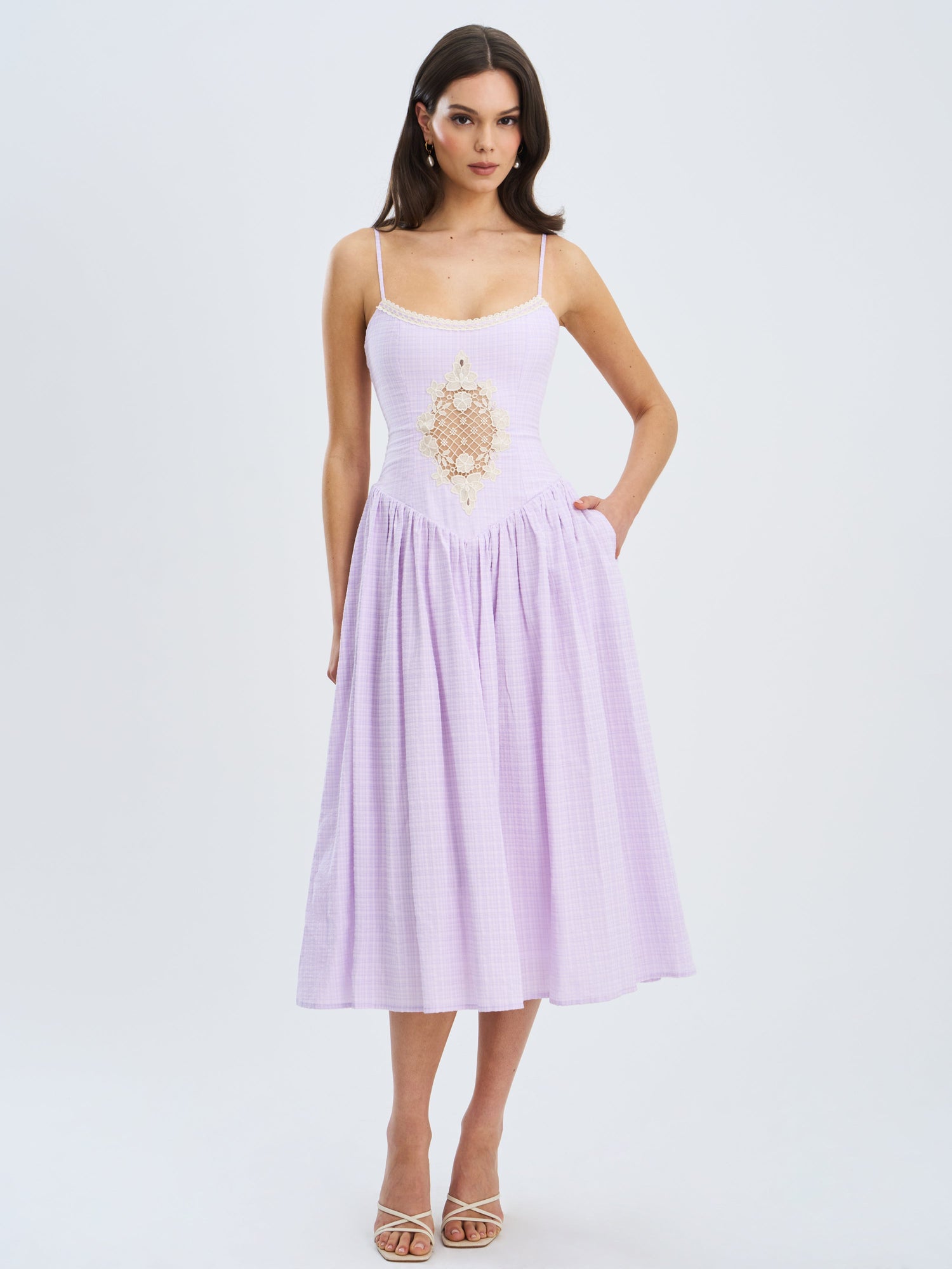 Jaclyn Lace Trim Cutout Seersucker Midi Dress | Lavender