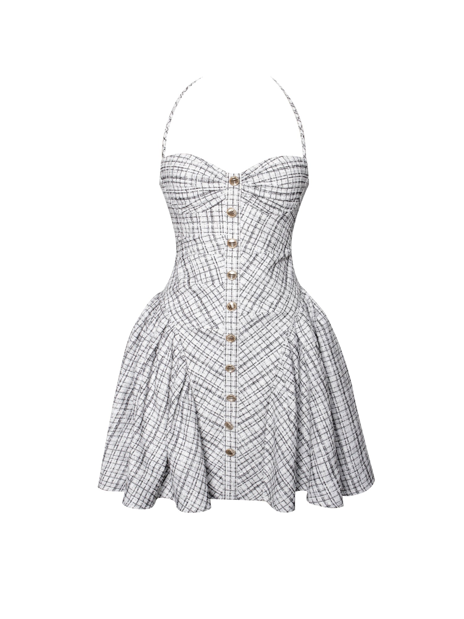 Melody Plaid Tweed Halter Drop Waist Mini Dress | Black and White