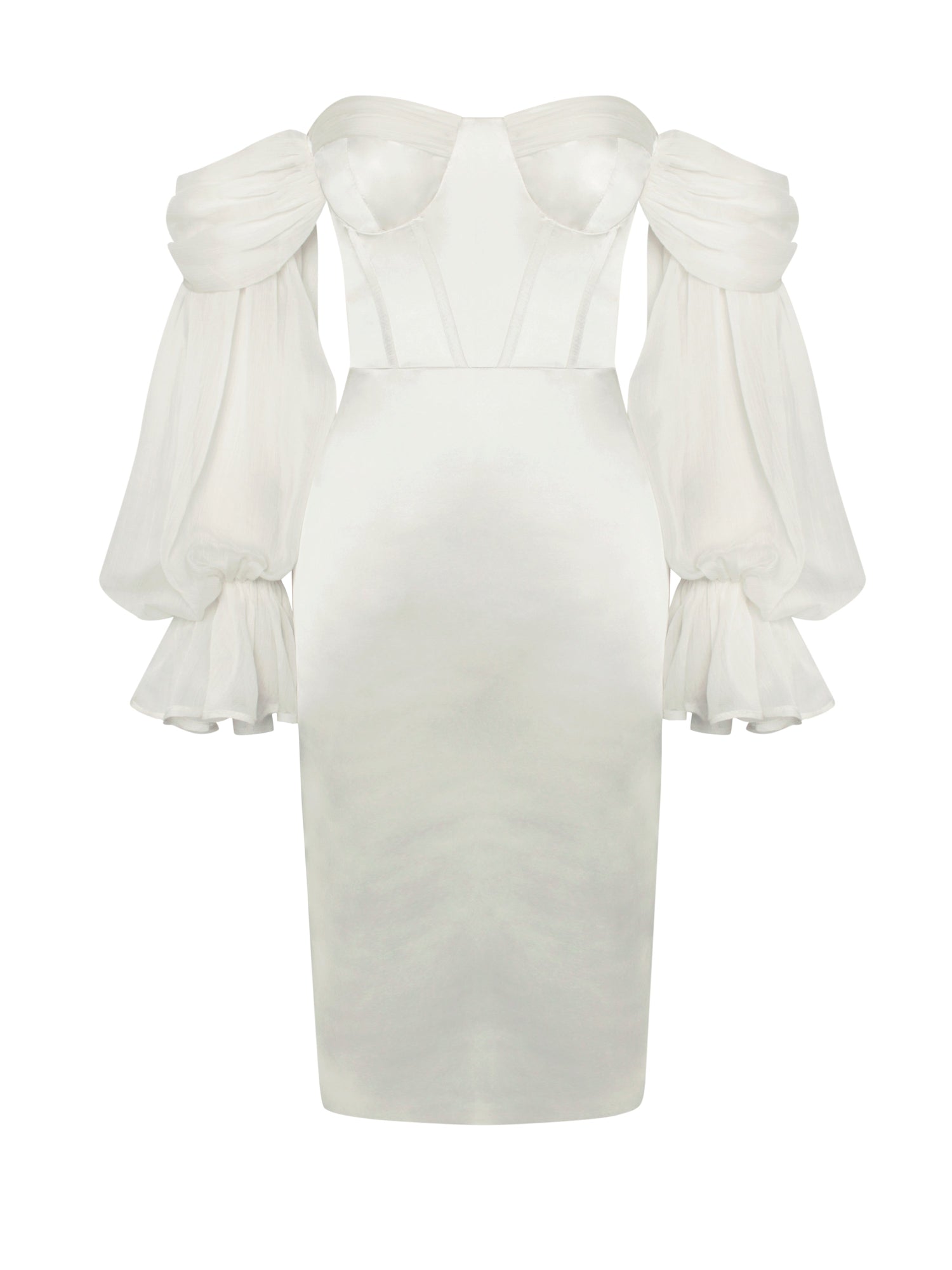 Lydia Satin Off Shoulder Puff Sleeve Dress | Pearl White