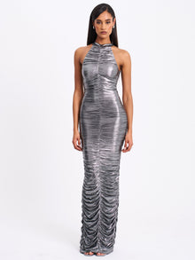 Abril Ruched Glitter Backless Gown | Silver