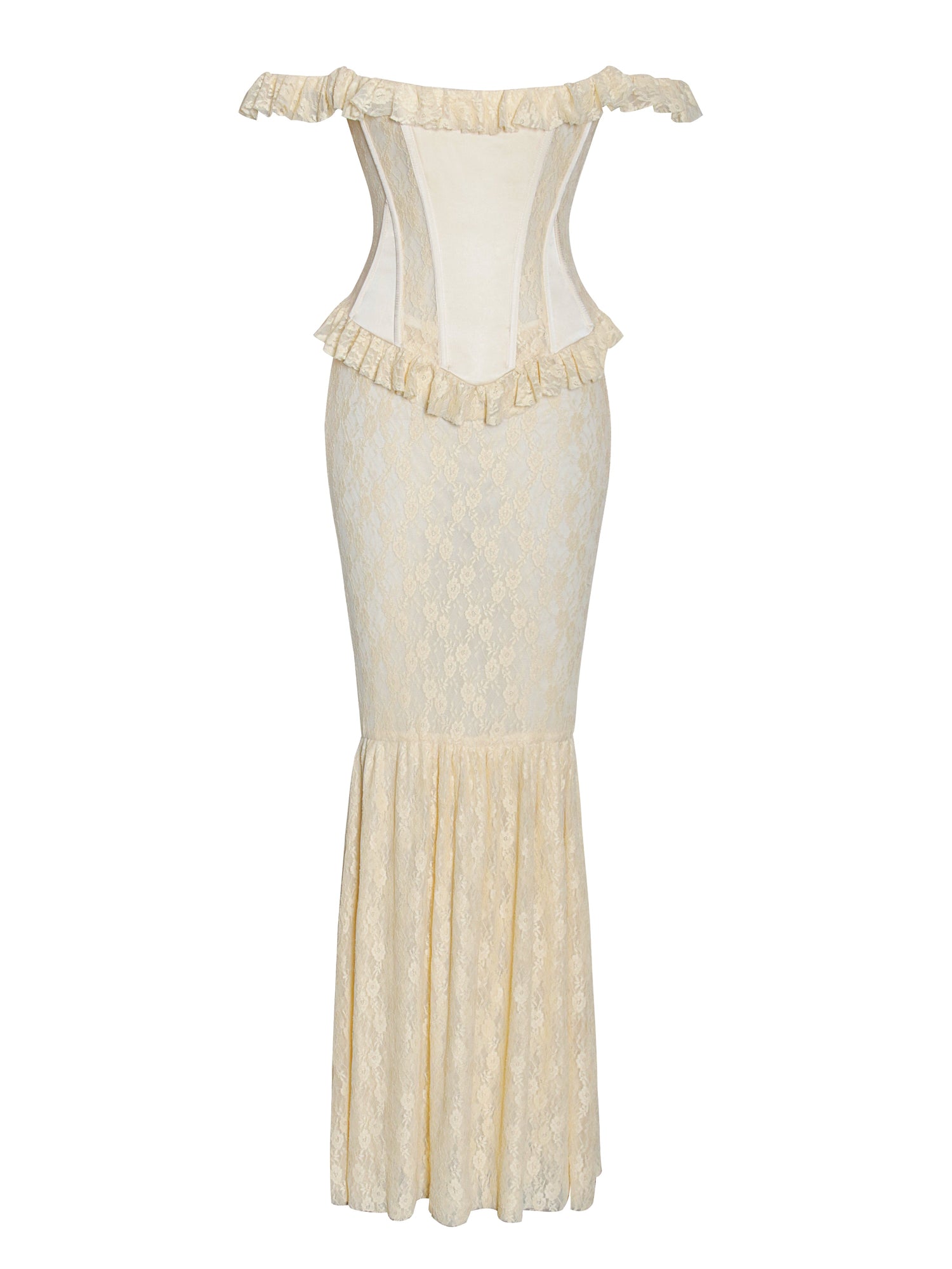 Ersilia Satin Lace Peplum Corset Off Shoulder Maxi Dress | Pale Yellow