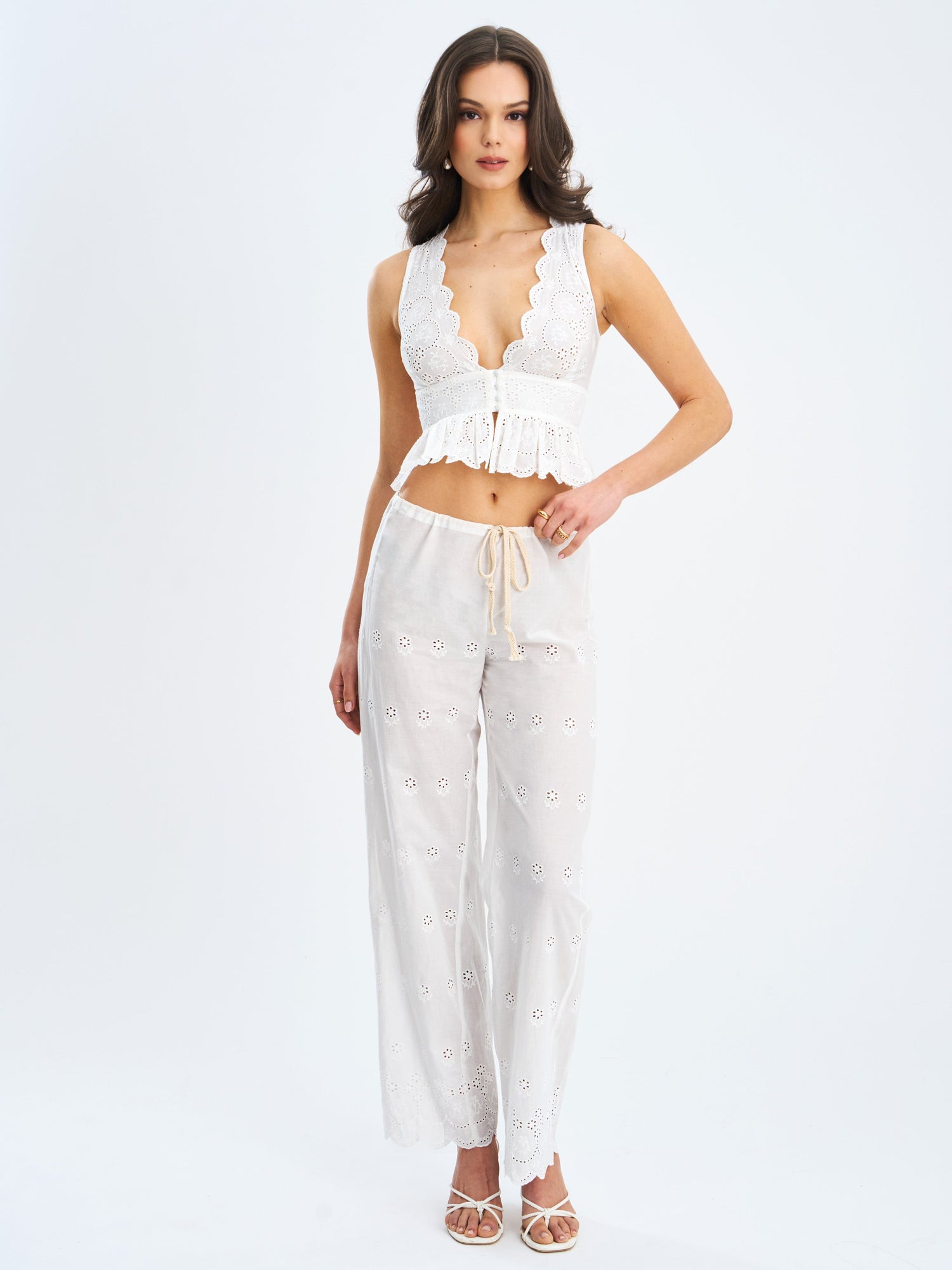 Raia Cotton Eyelet Scallop Trim Top | White