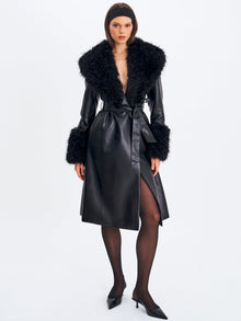 Zariah Faux Fur Trimmed Longline Coat | Black