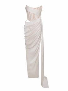 Callie Lace Satin Corset High Slit Gown | Pearl White