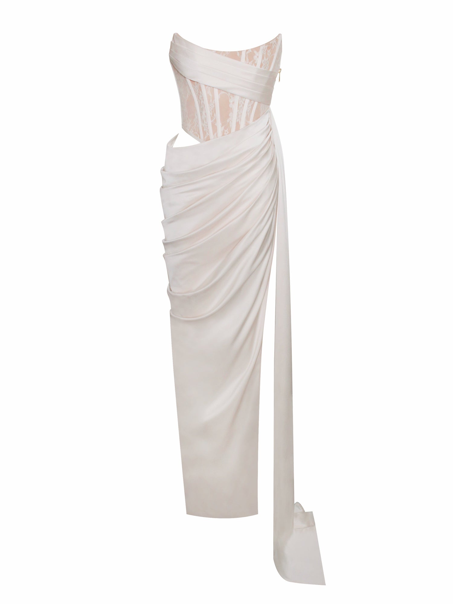 Callie Lace Satin Corset High Slit Gown | Pearl White