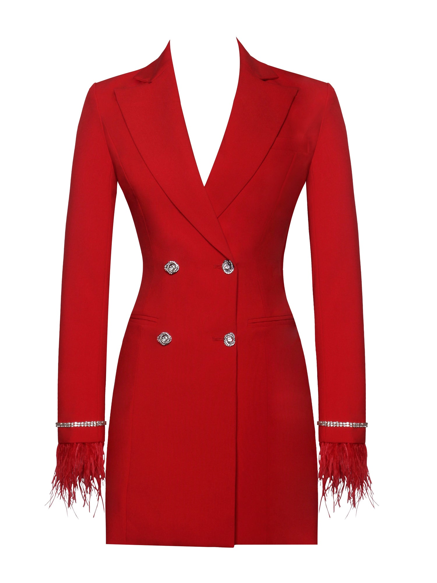 Quilla Feather Crystal Sleeve Backless Blazer Dress | Red