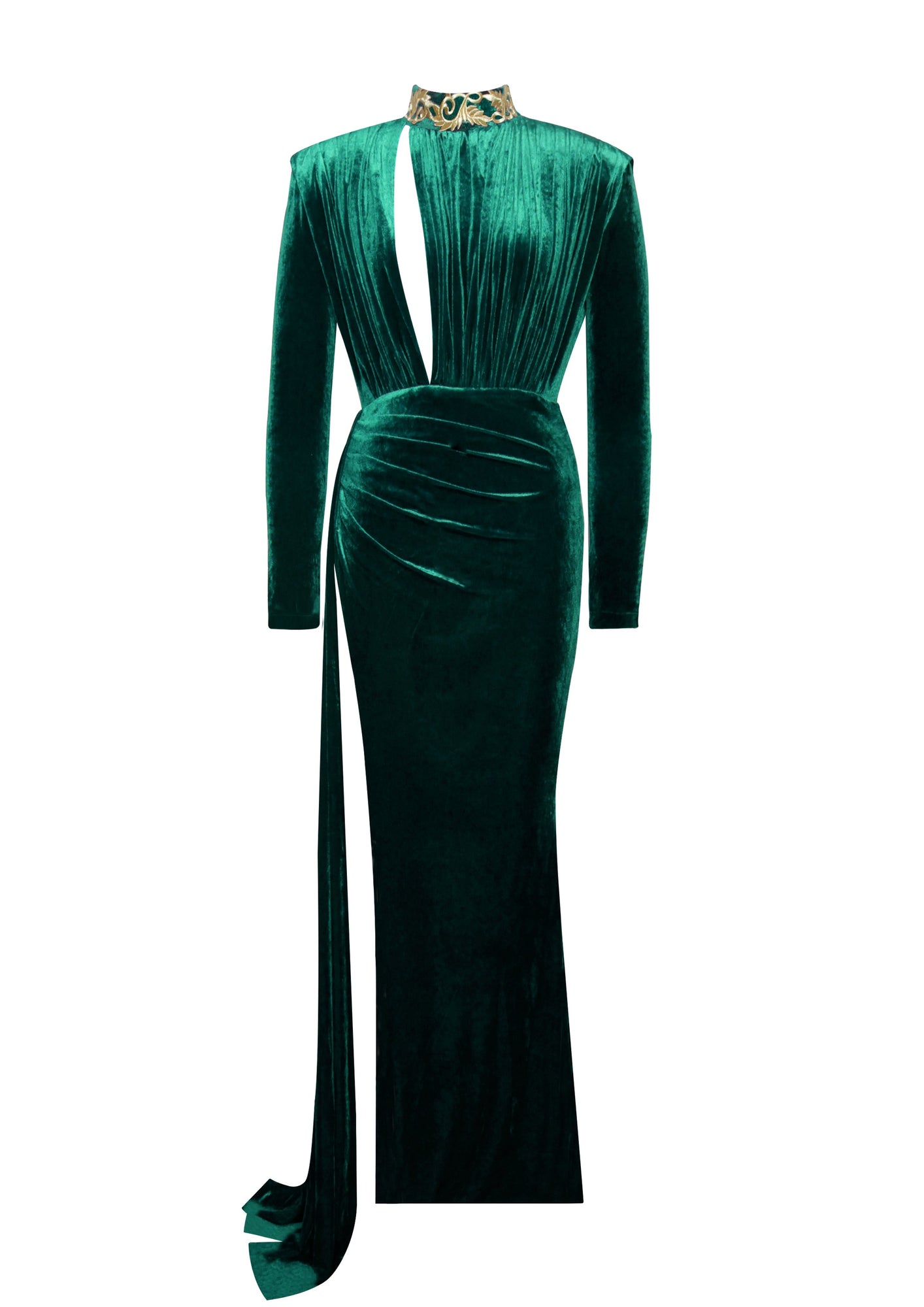 Zenaida Cutout High Slit Velvet Gown | Emerald Green