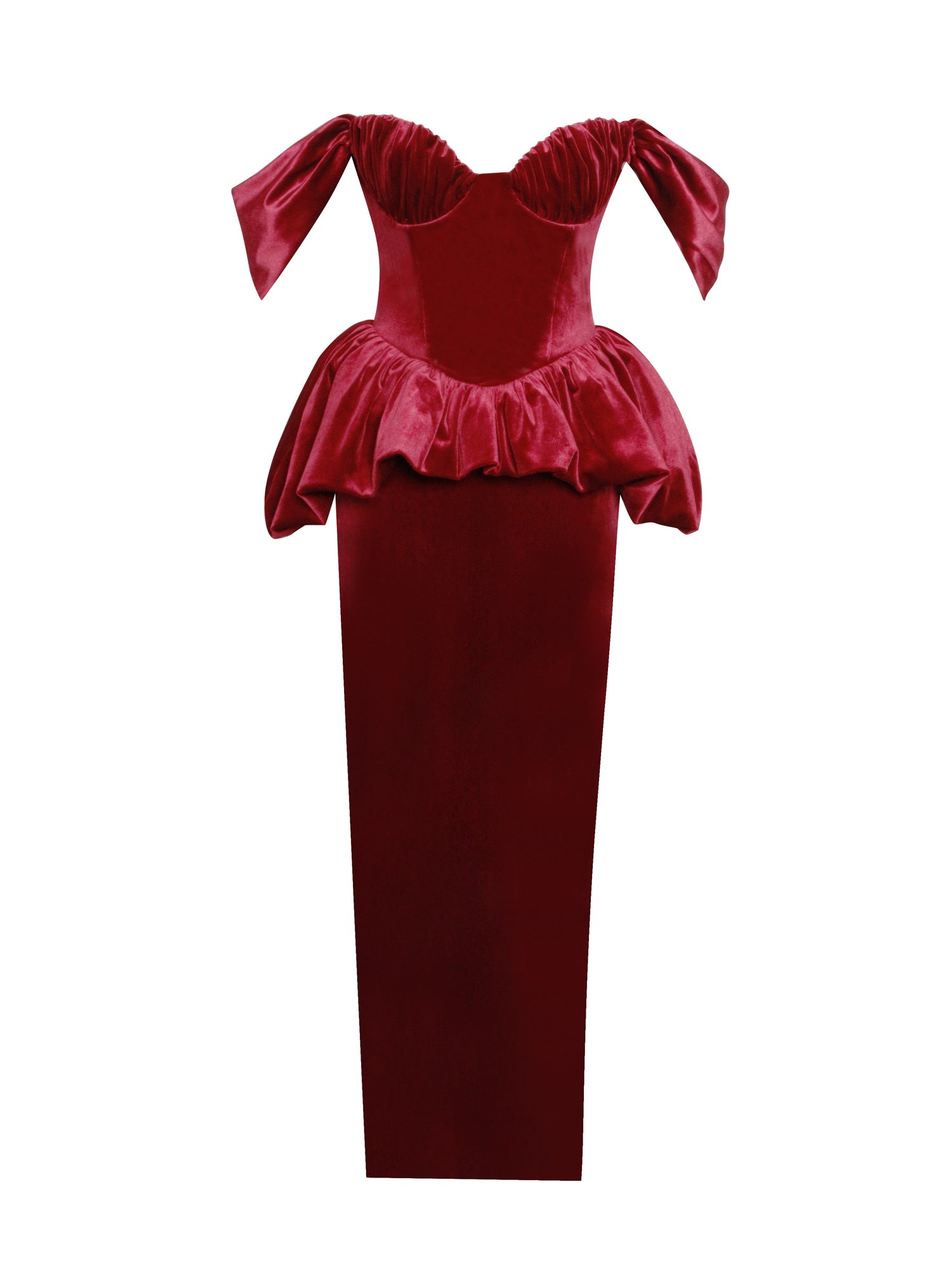 Abigail Velvet Off Shoulder Bubble Hem Peplum Maxi Dress | Burgundy