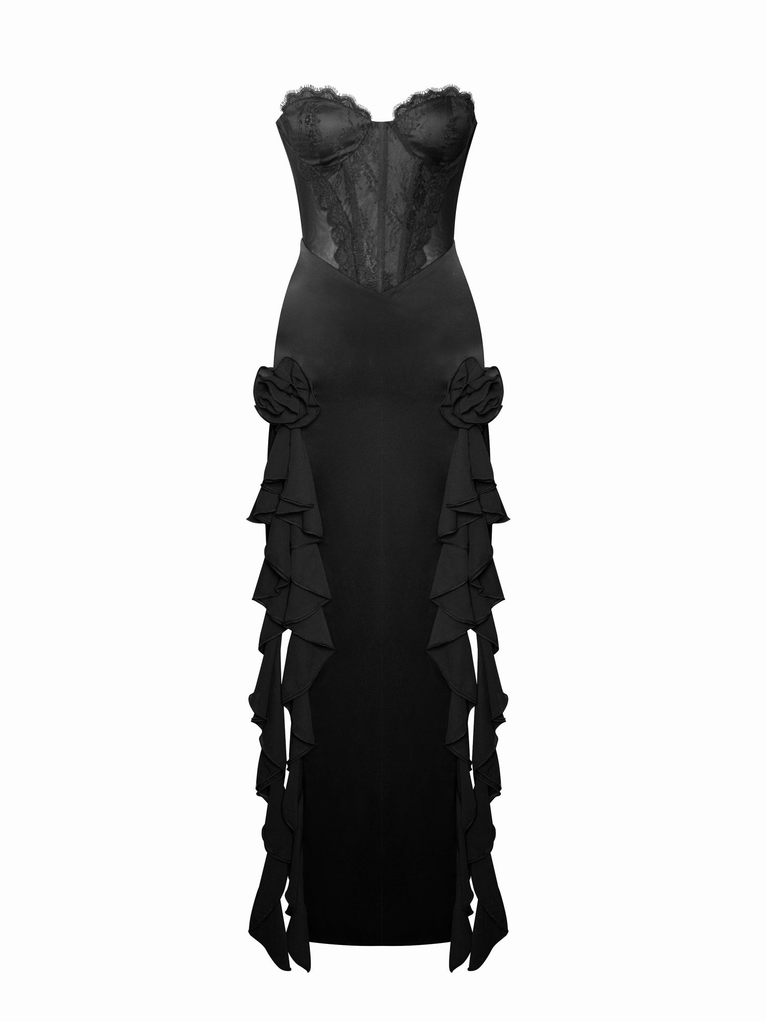 Talia Satin Lace Corset Maxi Dress | Black