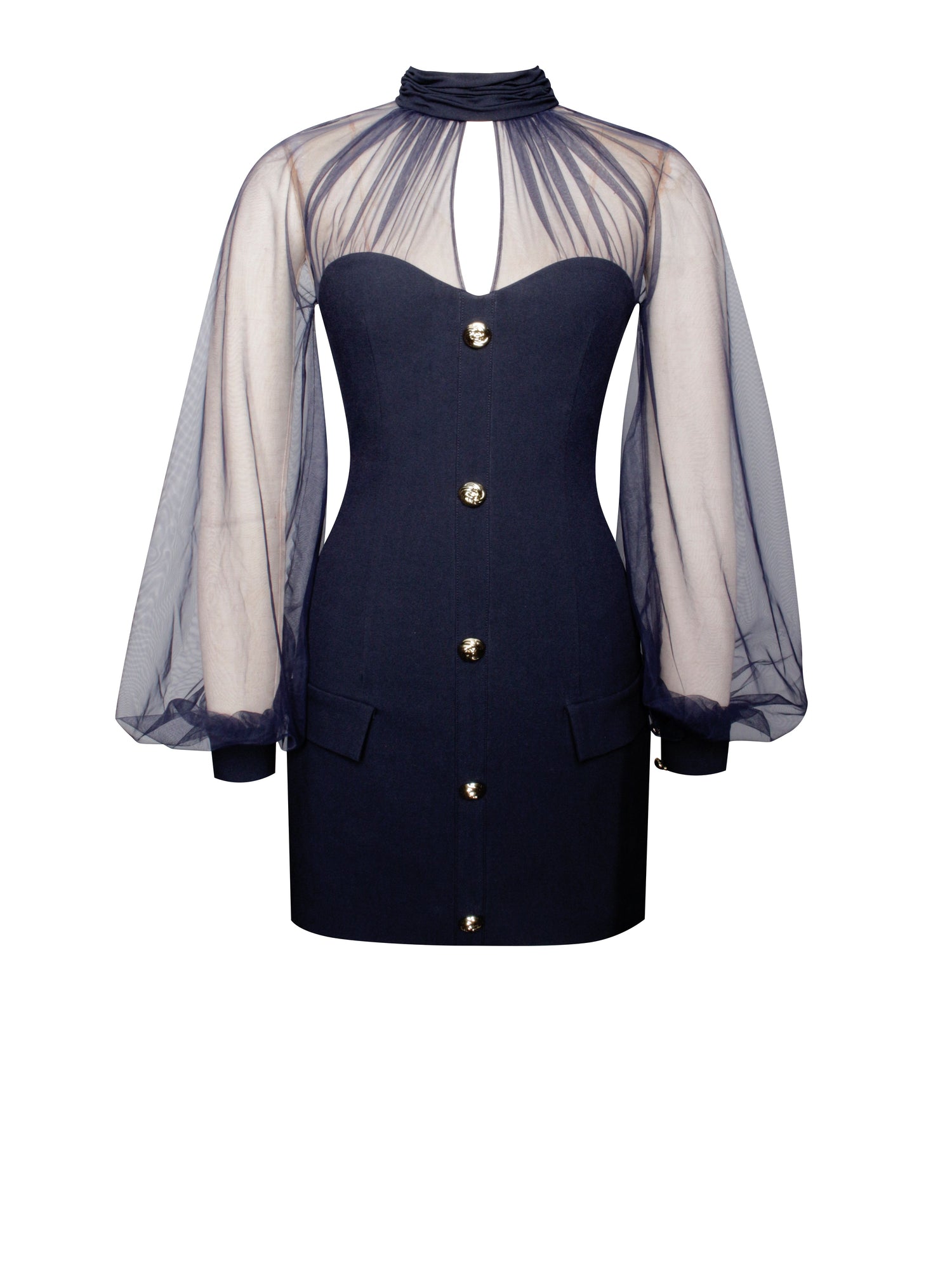 Tabitha Mesh Lantern Sleeve Mini Dress | Navy Blue