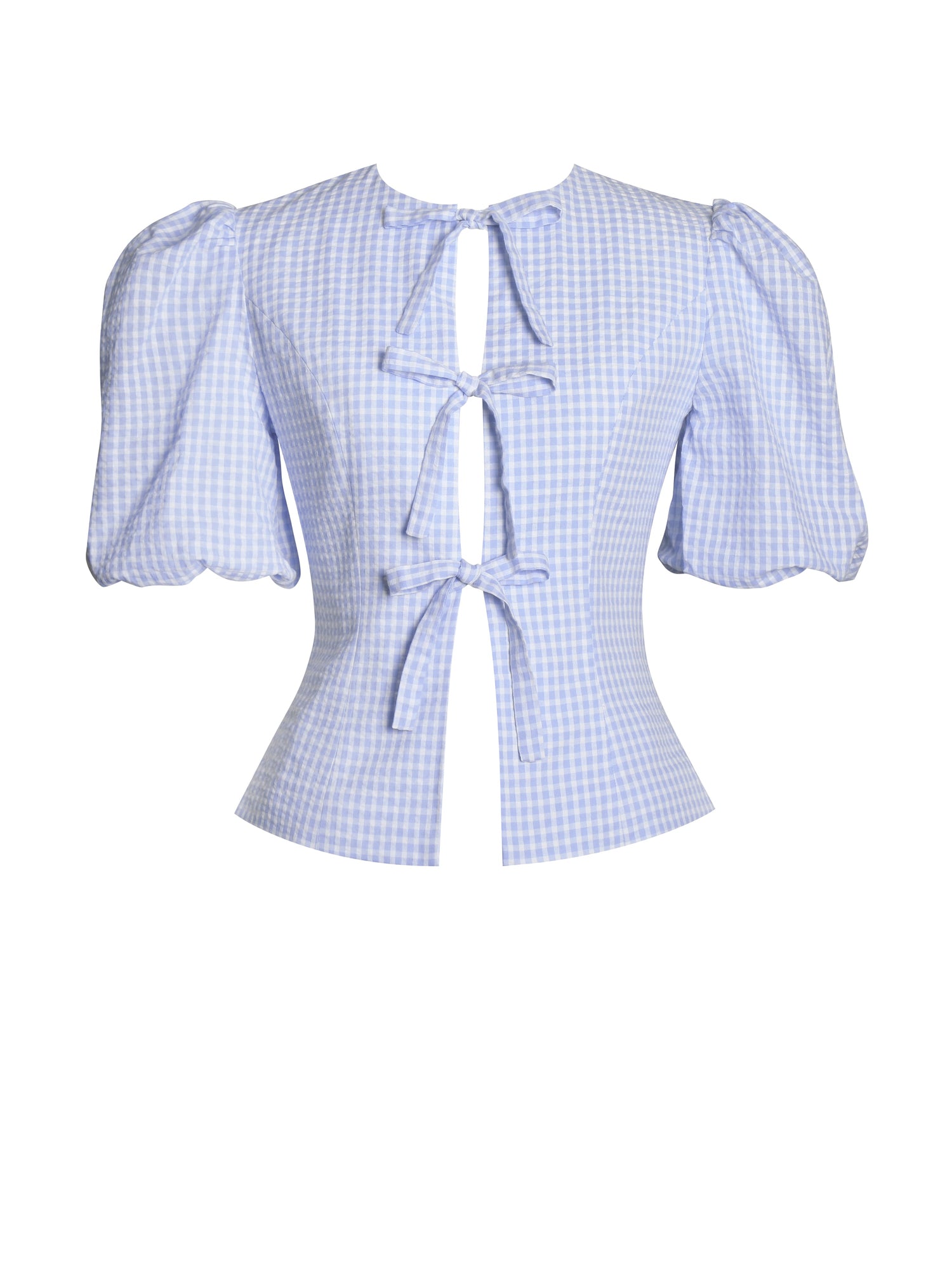 Qusayla Cotton Bubble Sleeve Bowtie Top | Baby Blue Gingham