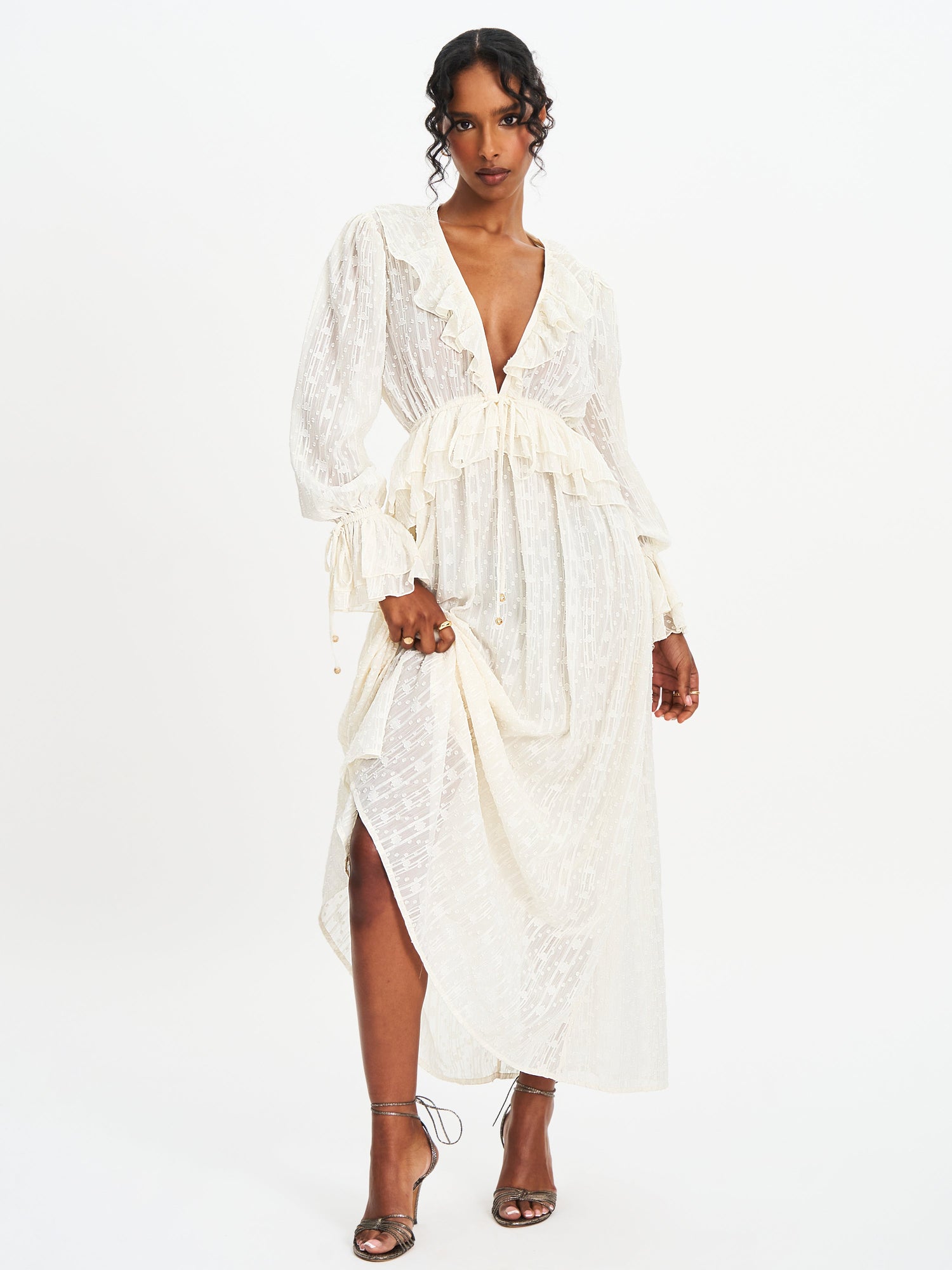 Safiya Jacquard Chiffon Long Sleeve Maxi Dress | White