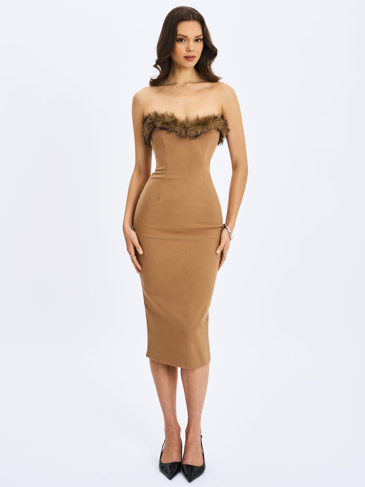 Rayanne Strapless Fur-Trimmed Sweetheart Midi Dress | Chestnut
