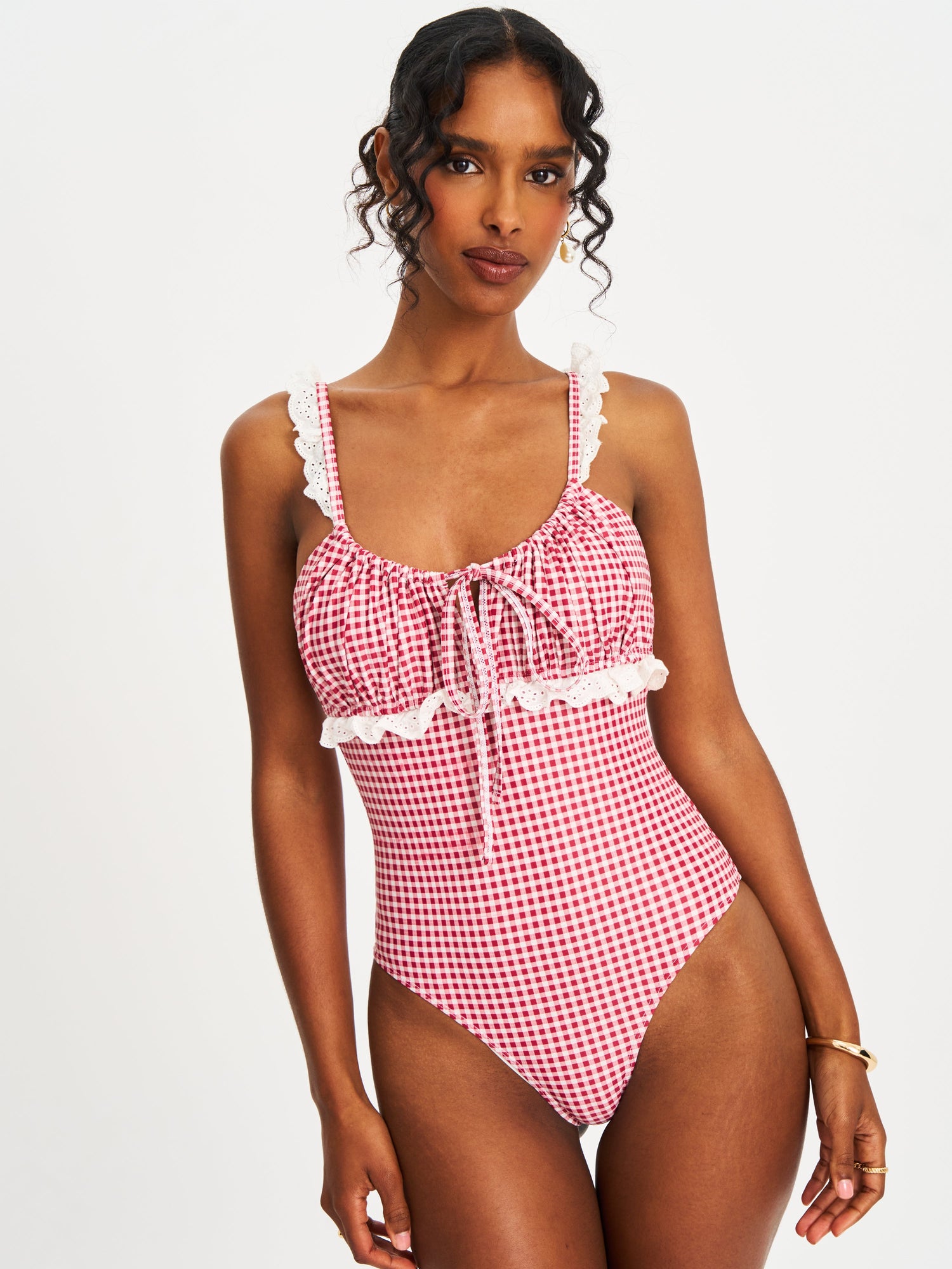 Hallie Lace Backless Swimsuit | Red Gingham