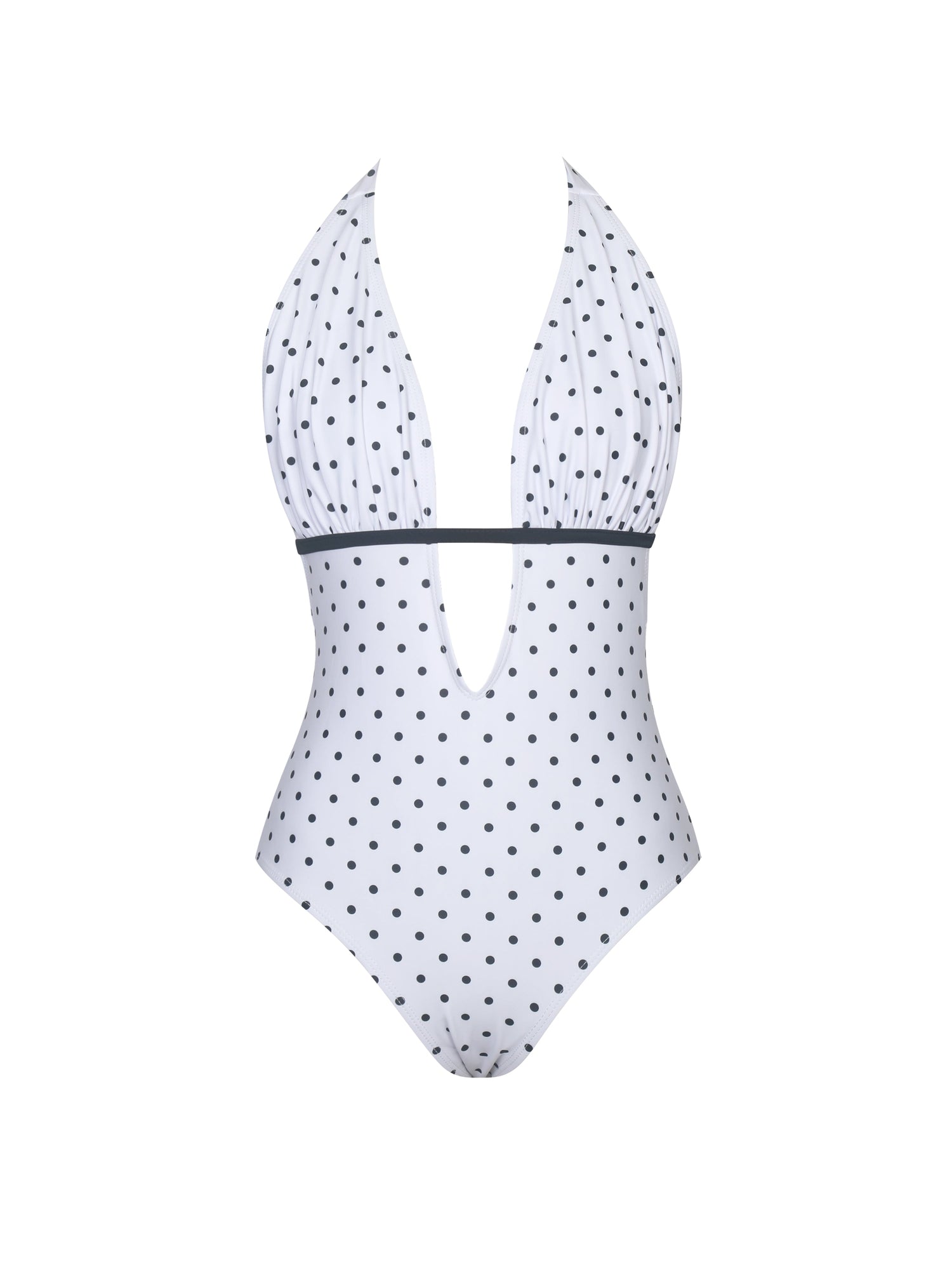 Olive Base Polka Dot Ruched Halter Backless Swimsuit | White