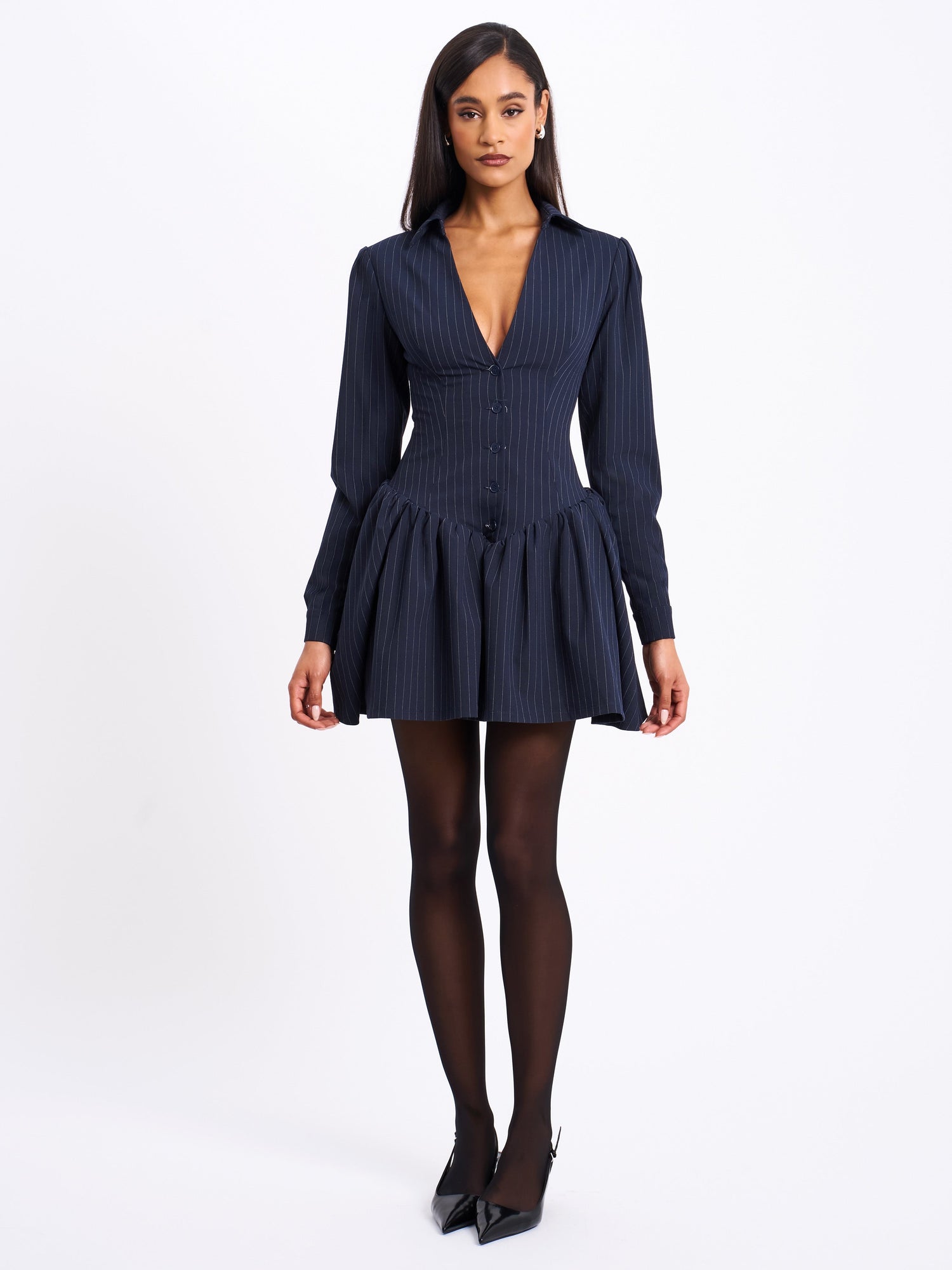 Xabrina Pinstripe Long Sleeve Shirt Mini Dress | Navy Blue