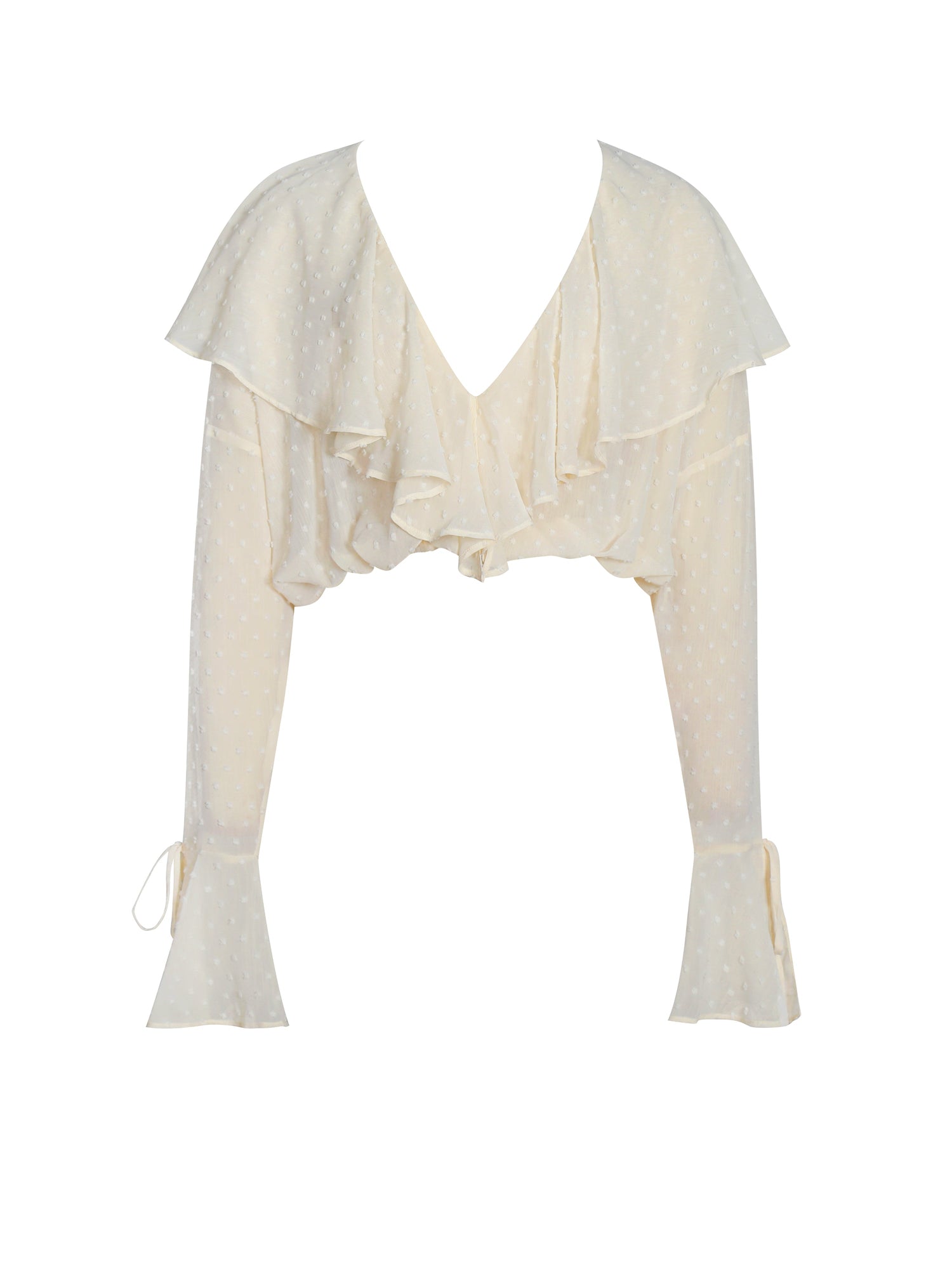 Magali Dotted Mesh Ruffle V Collar Top | Beige