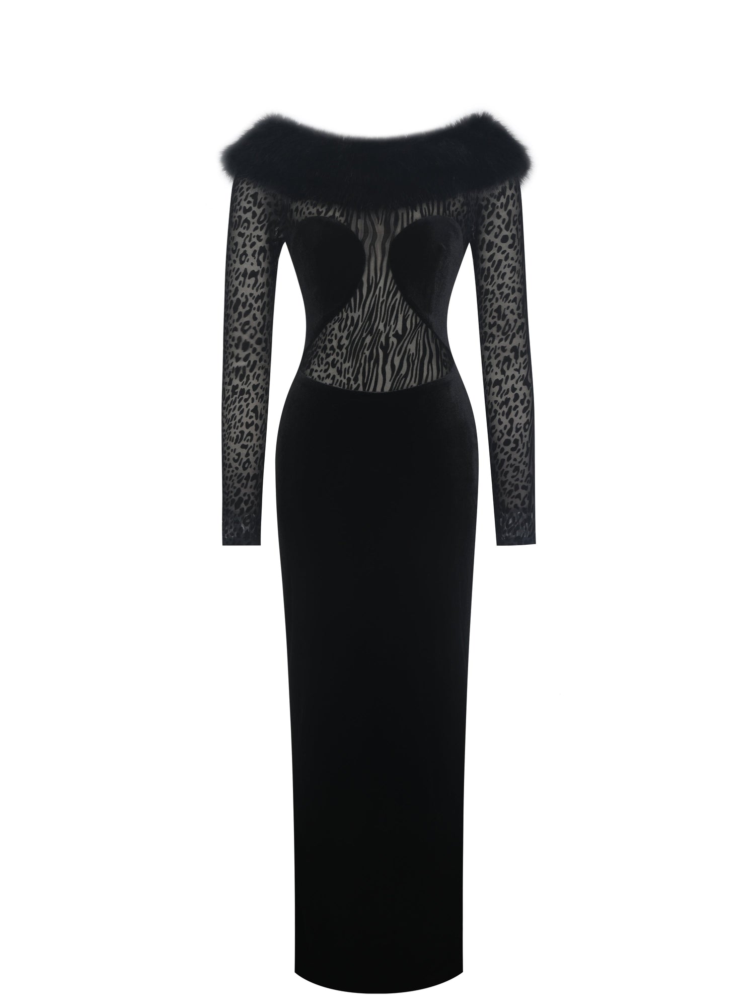Alexis Velvet Animal Print Fur Boatneck Maxi Dress | Black
