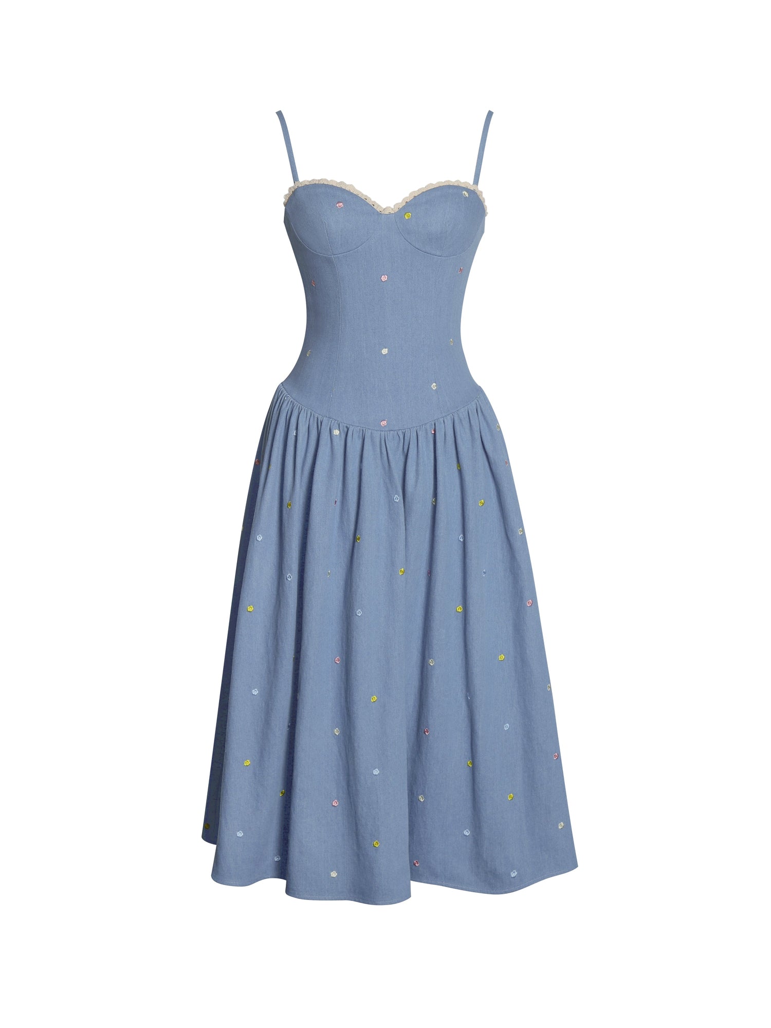 Zadie Cotton Denim Drop Waist Embroidery Flower Midi Dress | Blue