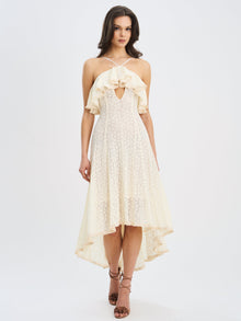 Idra Lace Trim Sleeveless Crochet Midi Trailing Dress | Beige