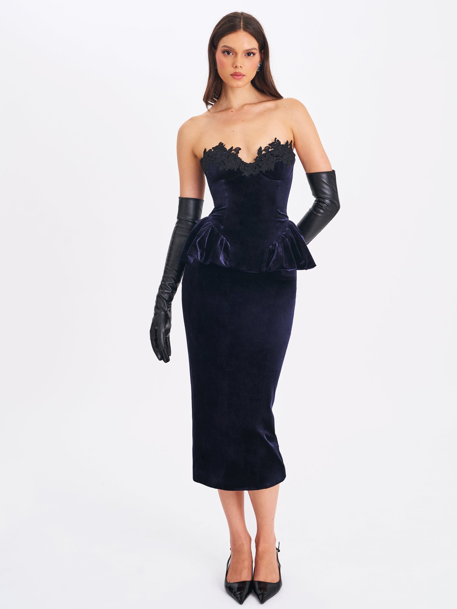 Pascha Lace Applique Strapless Peplum Midi Dress | Black