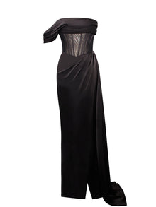 Rebeca Satin High Slit Corset Gown | Black
