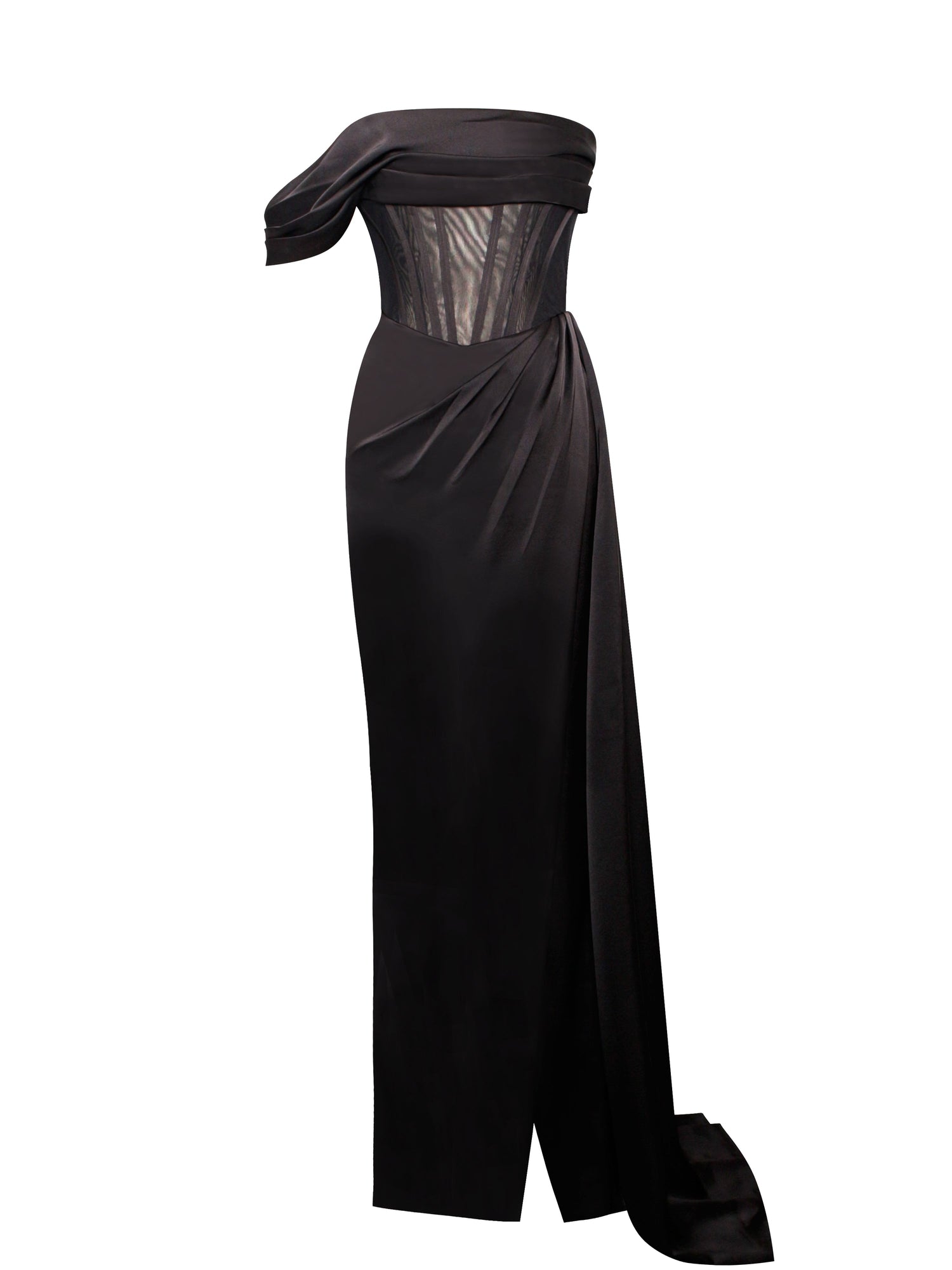 Rebeca Satin High Slit Corset Gown | Black