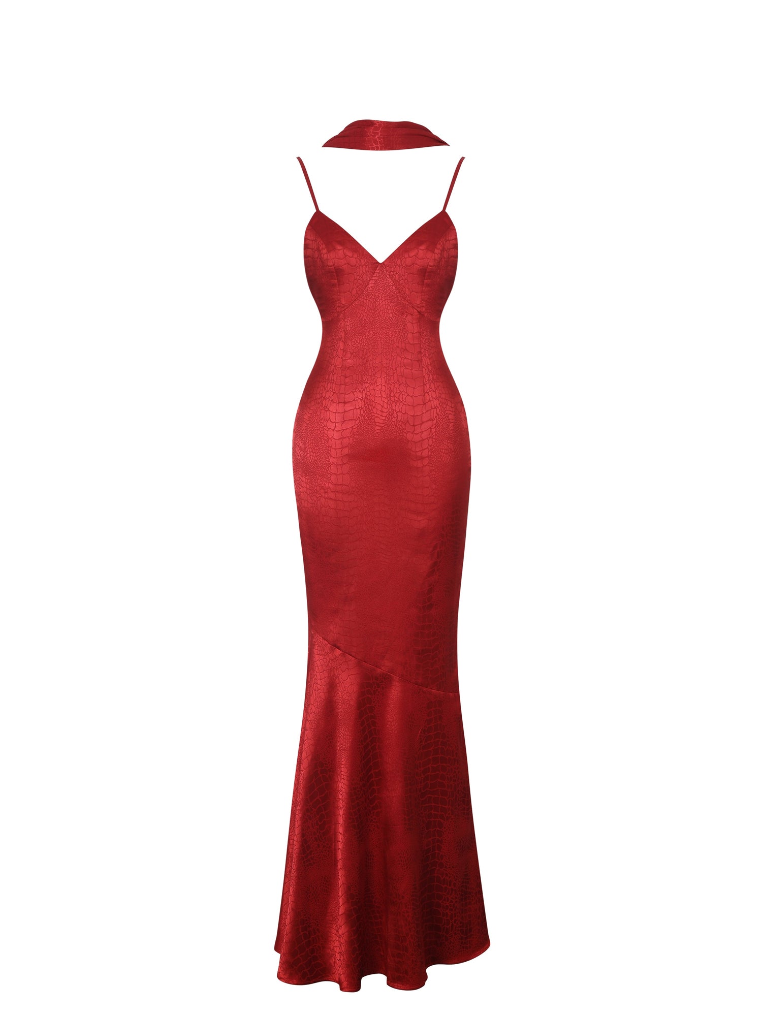 Kelsey Croc-Embossed Flared Hem Maxi Dress with Scarf | Scarlet