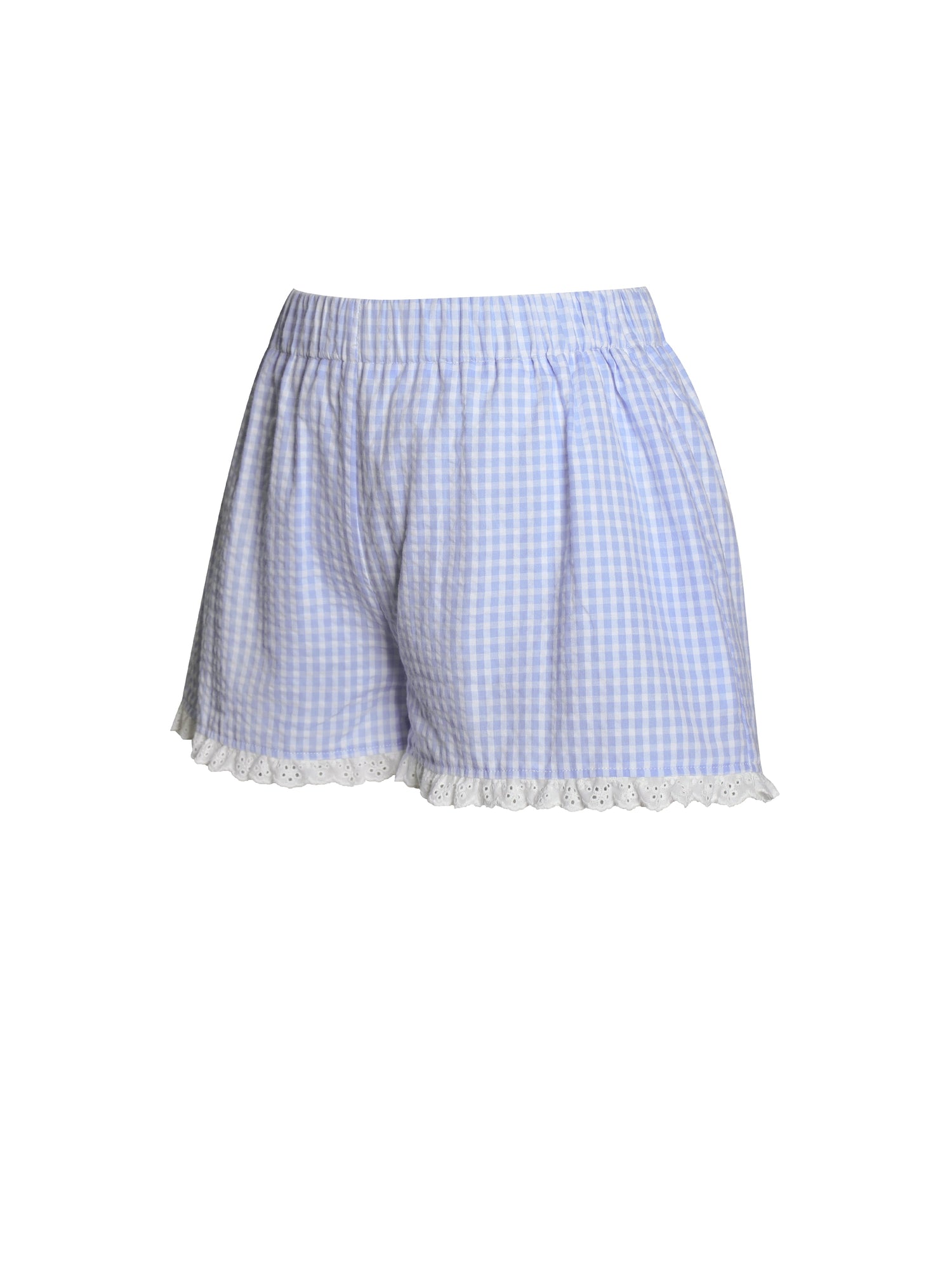 Qutayla Cotton Lace Trim Shorts | Baby Blue Gingham