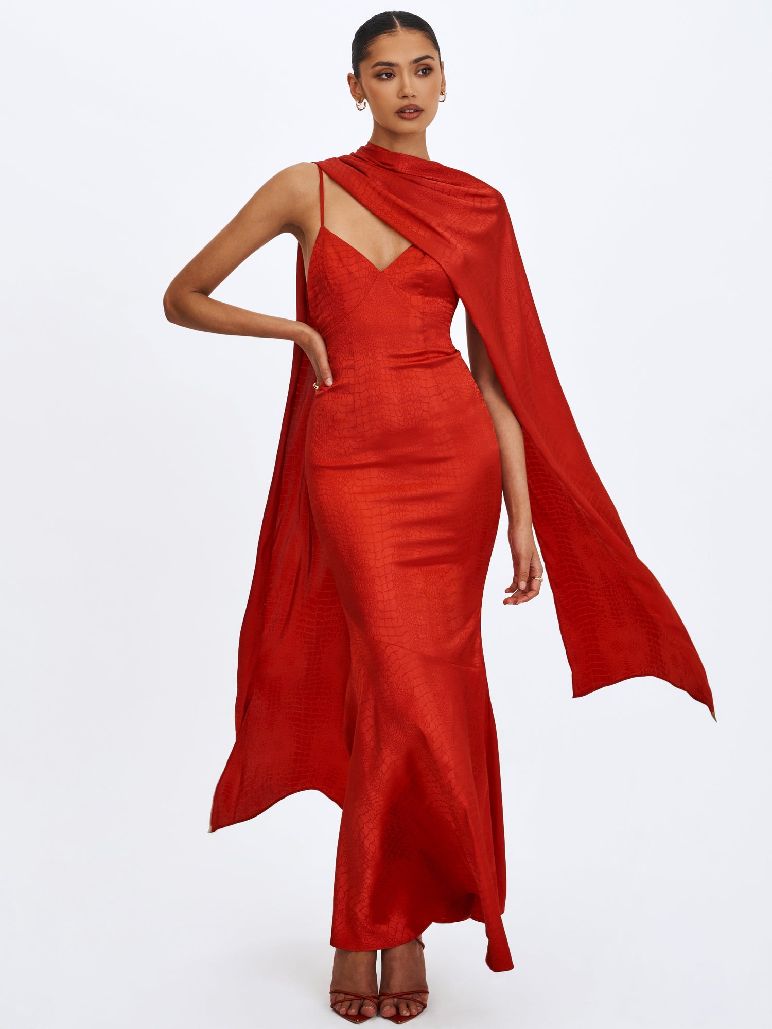 Kelsey Croc-Embossed Flared Hem Maxi Dress with Scarf | Scarlet