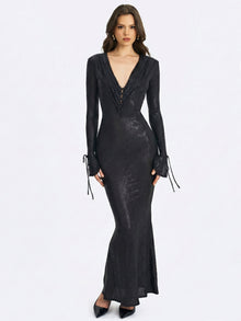 Ilysia V-Neck Plunge Snakeskin Mermaid Hem Maxi Dress | Black